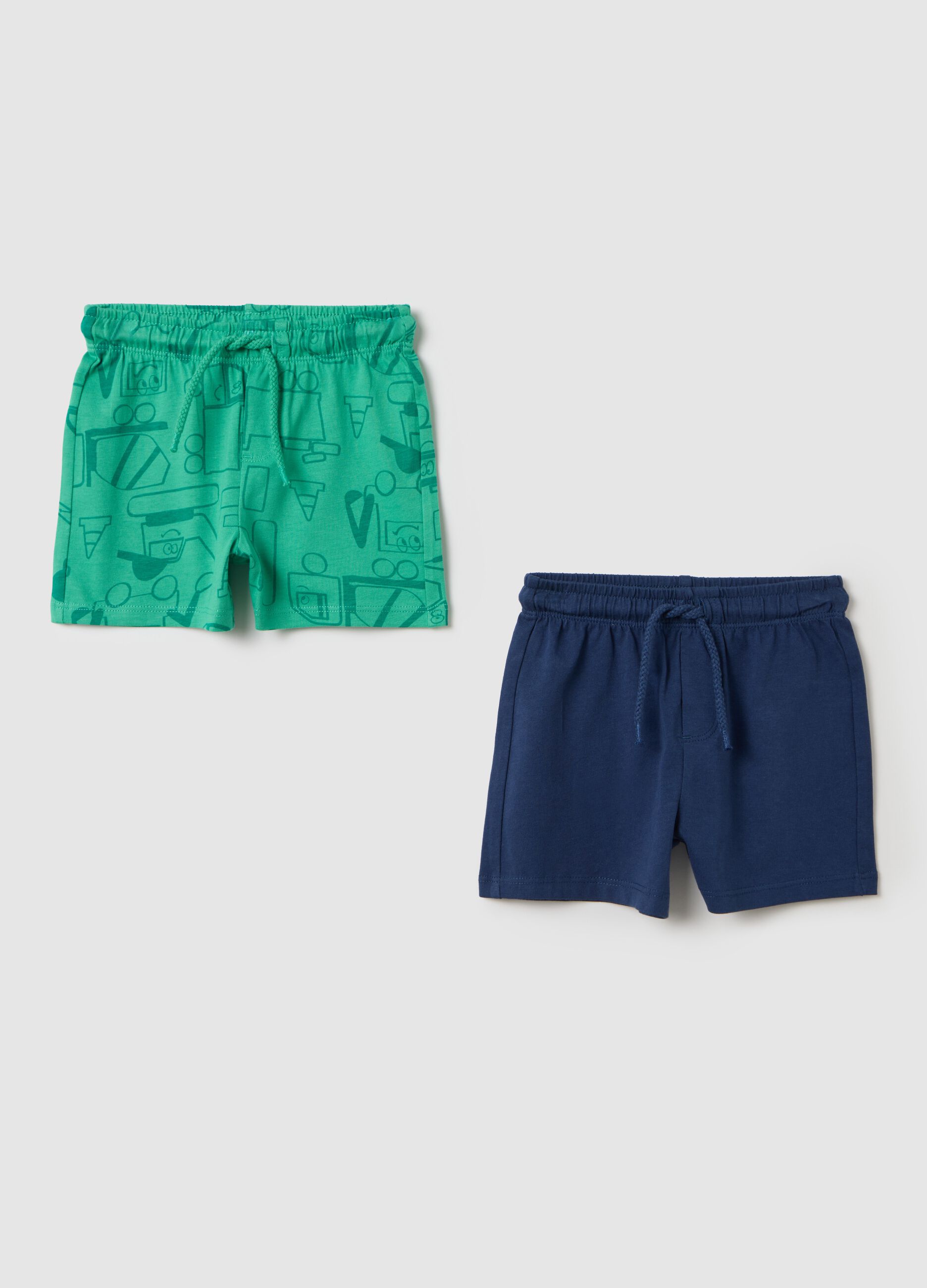 Two-pack green and blue Bermuda shorts with drawstring and print