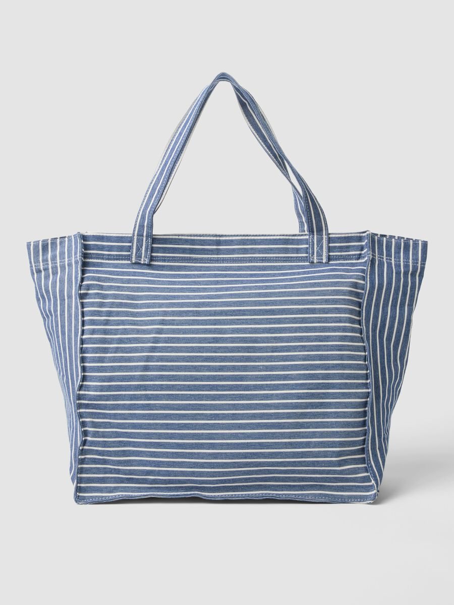 Borsa shopper blu a righe in puro cotone_1