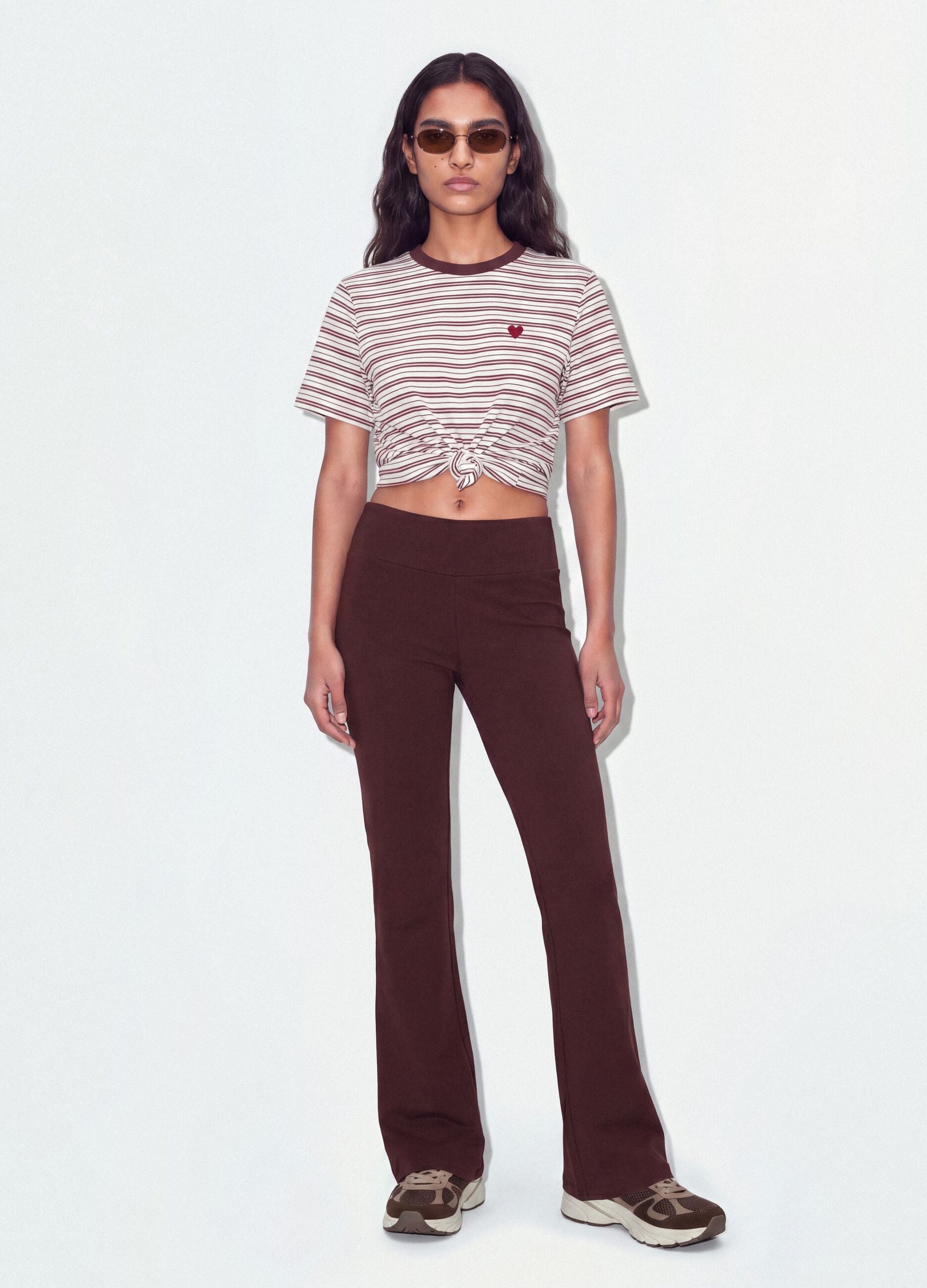 Brown Flared Stretch Cotton Trousers