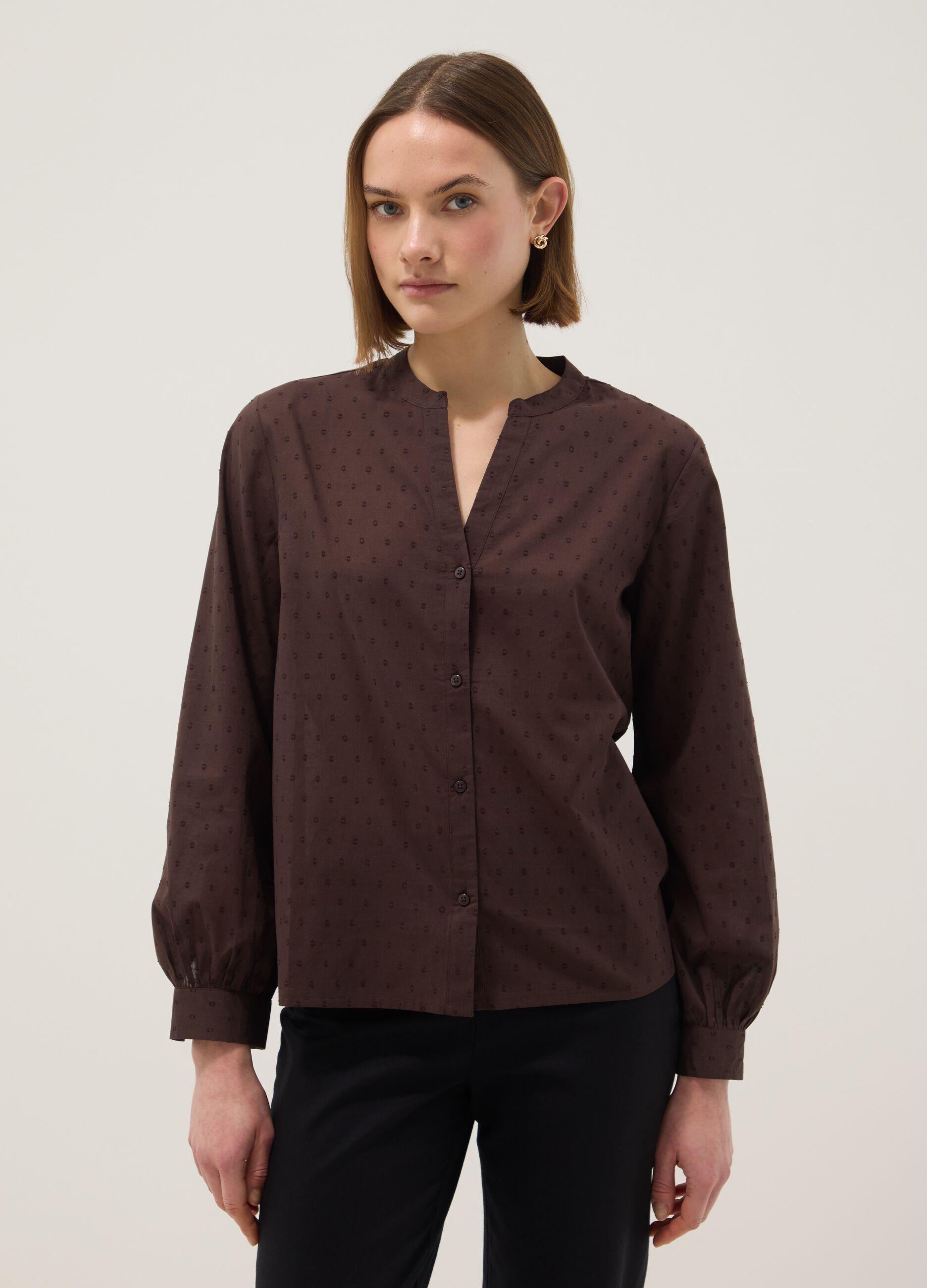 Brown pure cotton shirt with deep V-neck and polka dots, regular fit