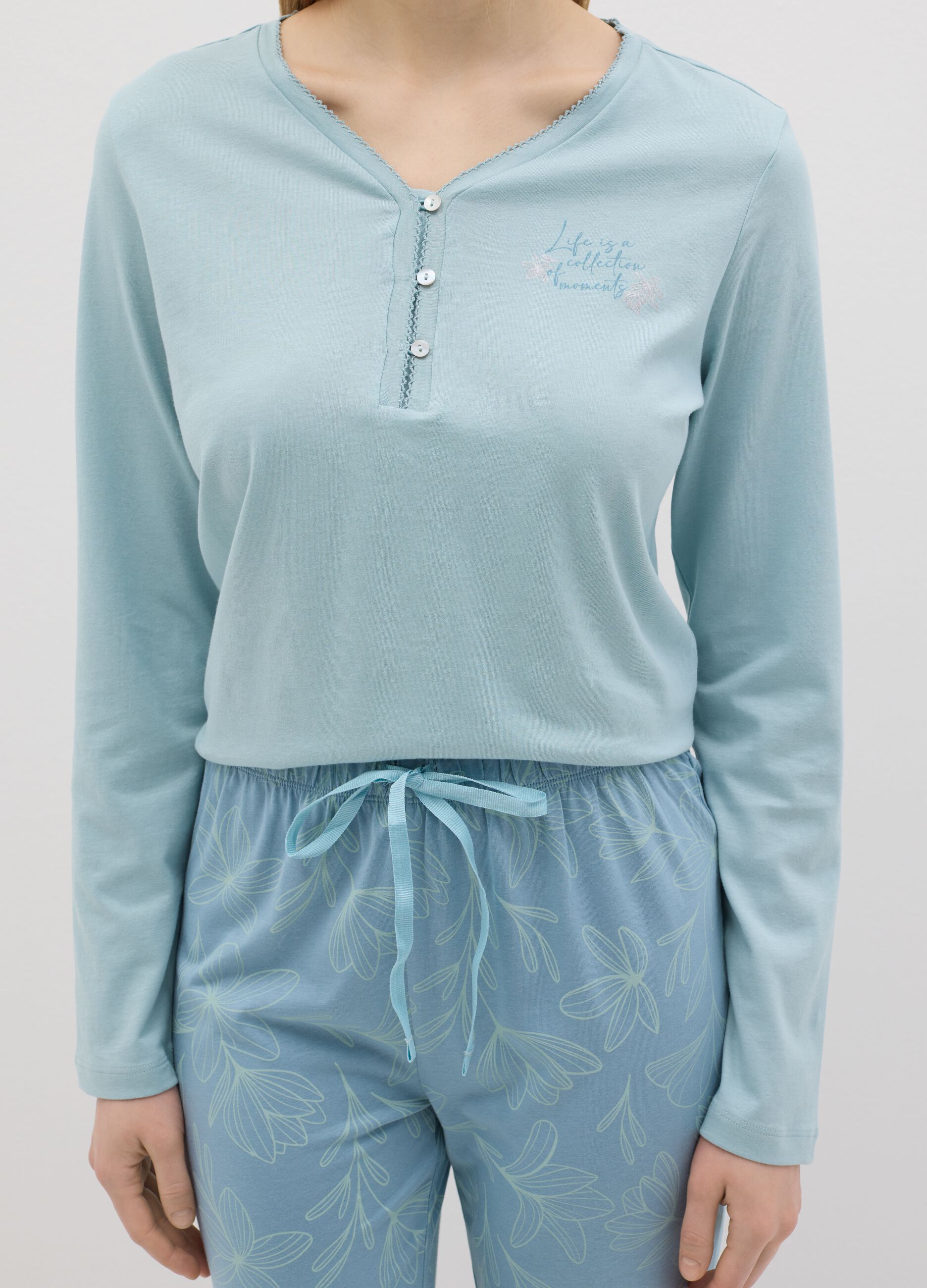 Light blue cotton pyjamas with granddad neckline and print