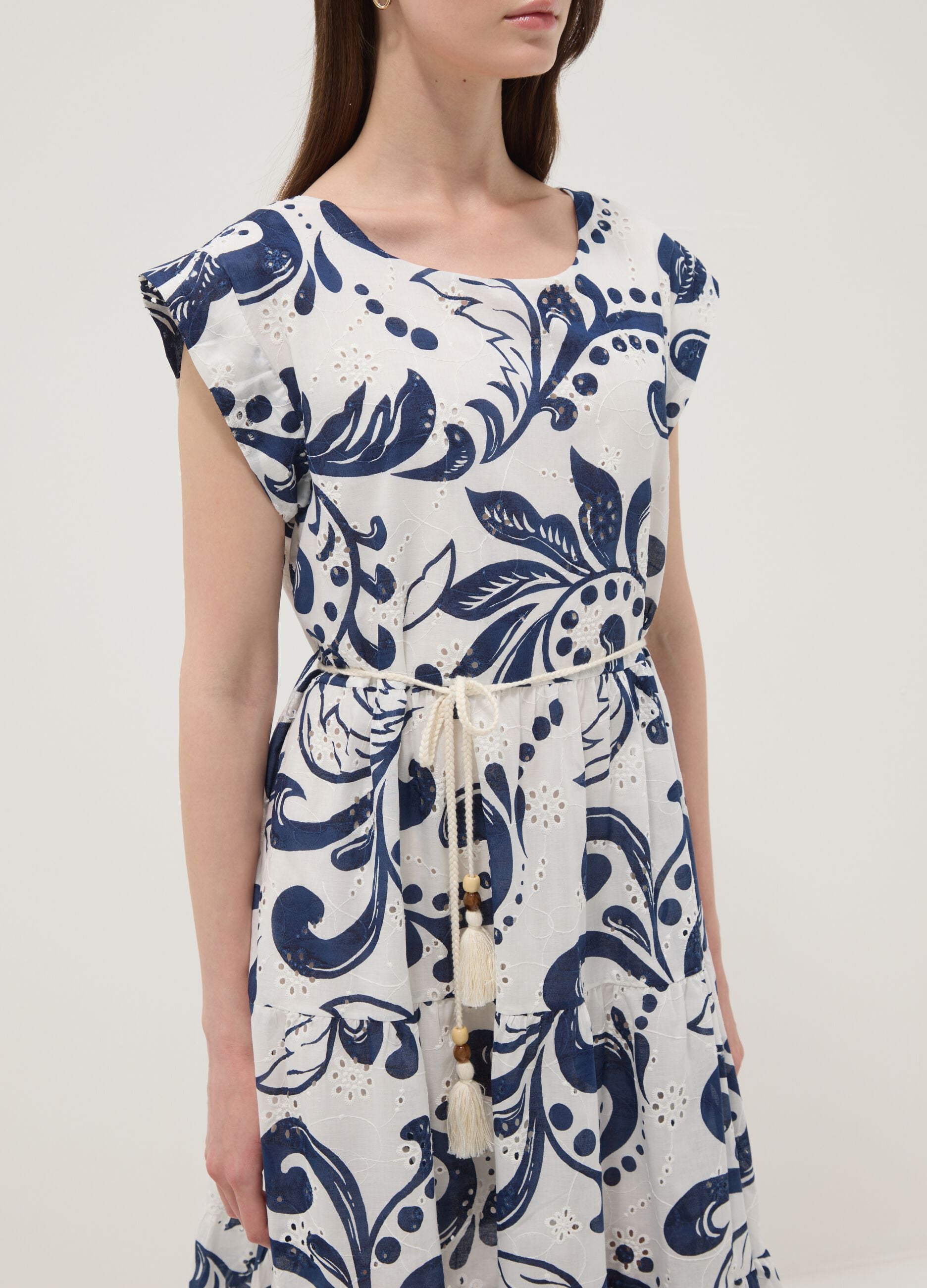 Blue and white pure cotton dress with all-over print and rope belt