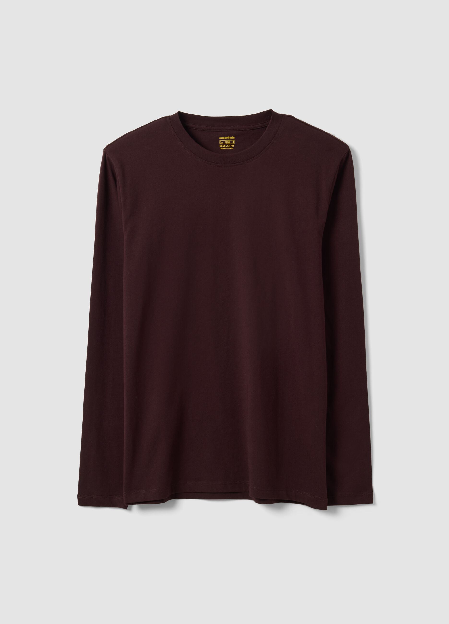 Brown long-sleeve T-shirt in pure organic cotton with crew neck