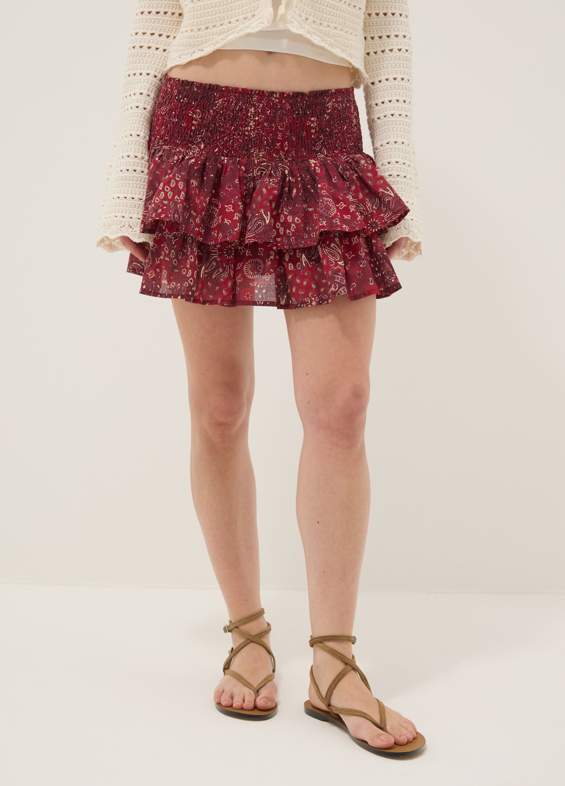 Red pure cotton mini skirt with ruffles and pattern