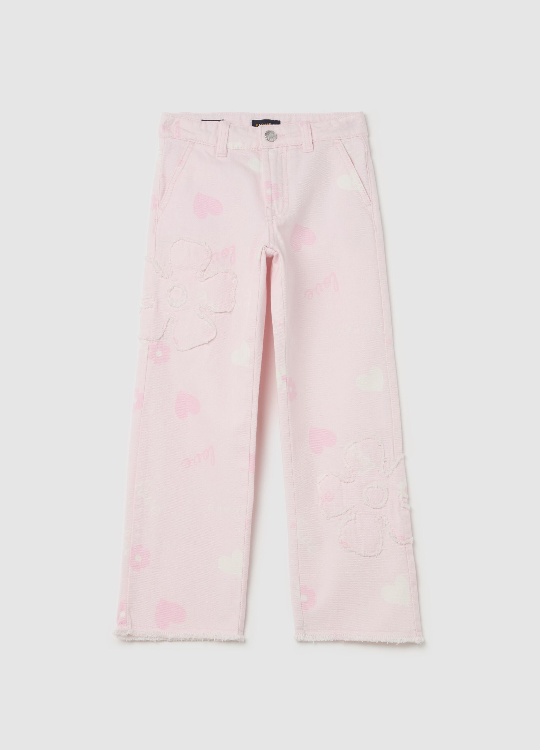 Jeans with heart print and appliqué flowers