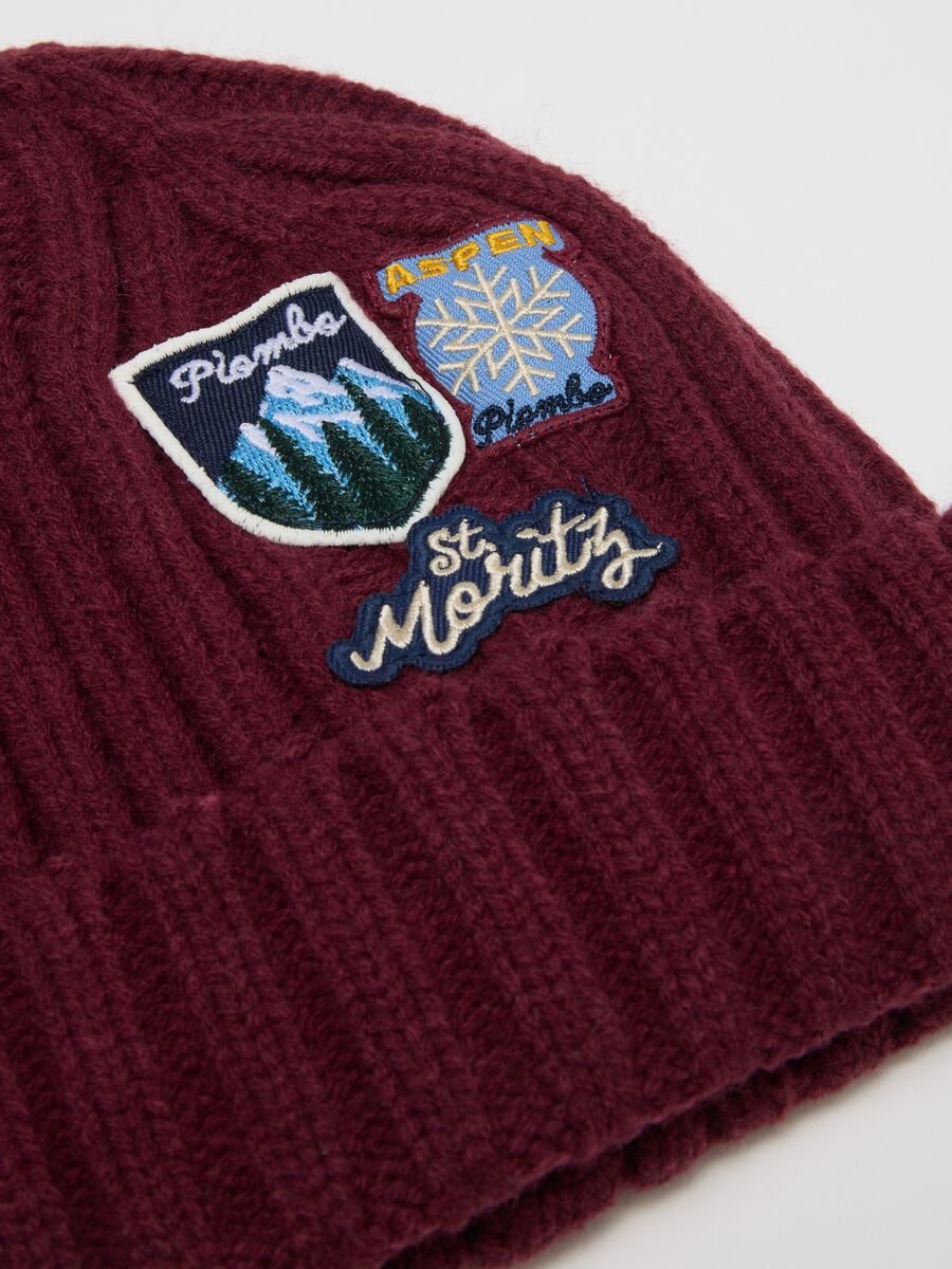 Red Beanie Hat with Embroidered Patches_1