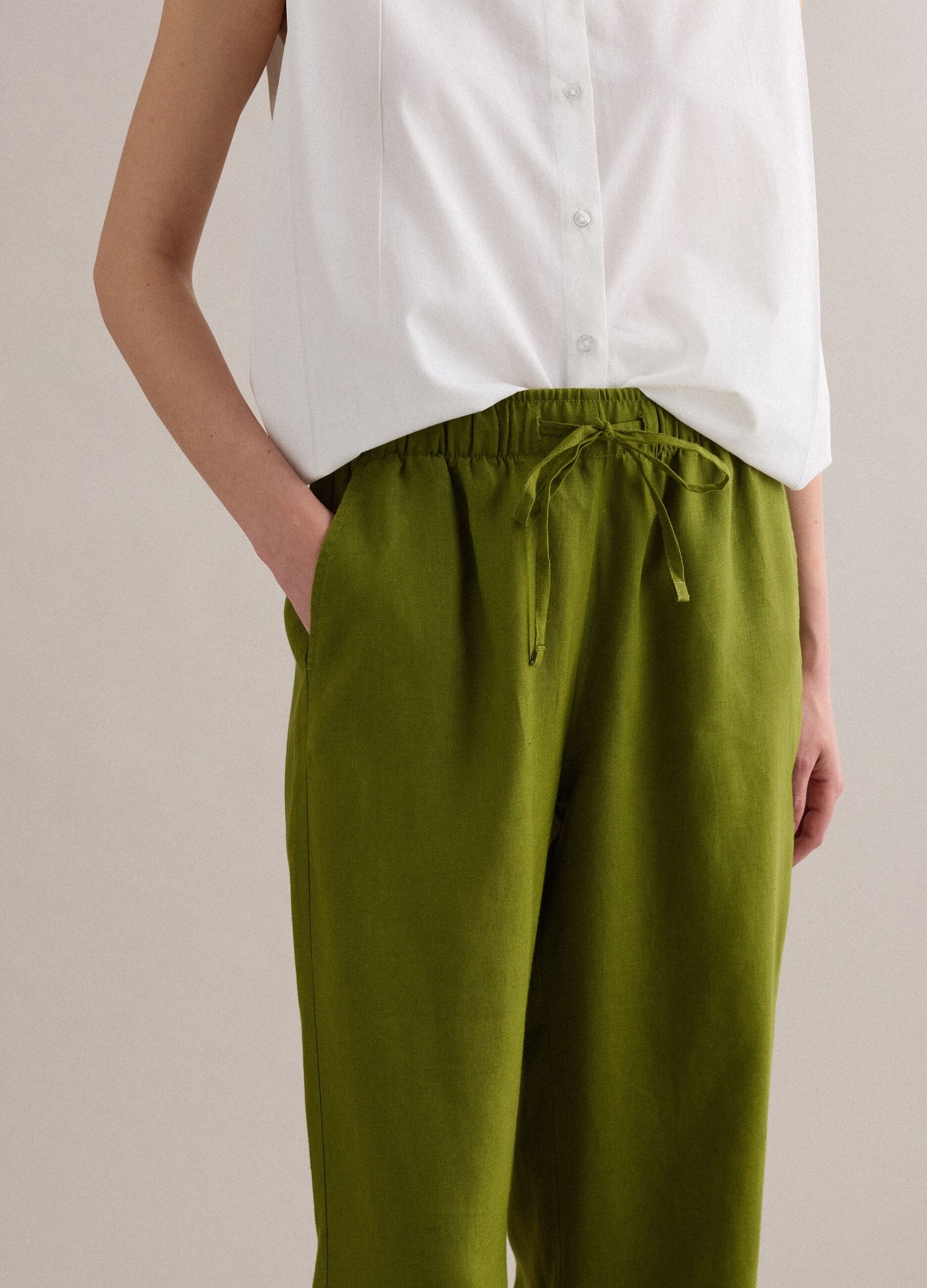 Green pure linen drawstring trousers, straight fit