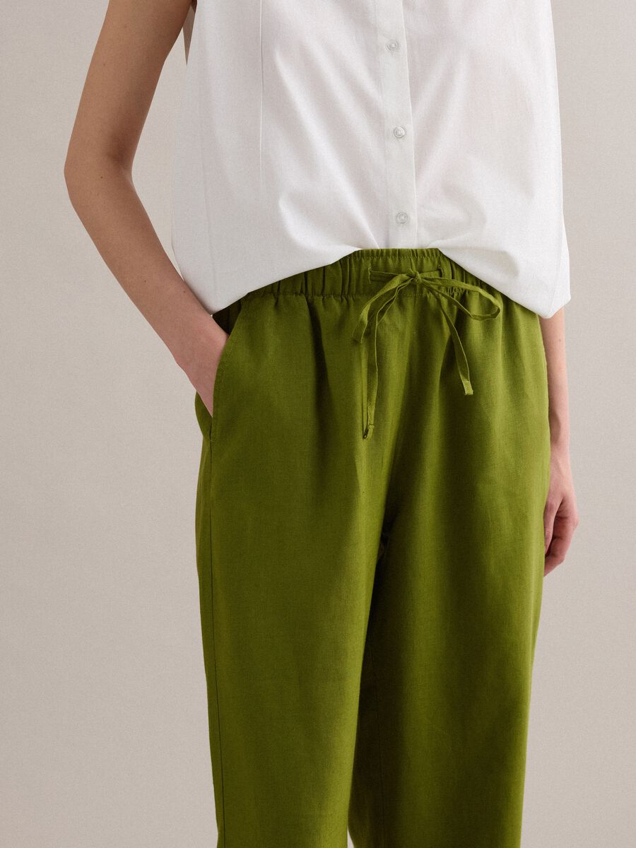 Green pure linen drawstring trousers, straight fit_3