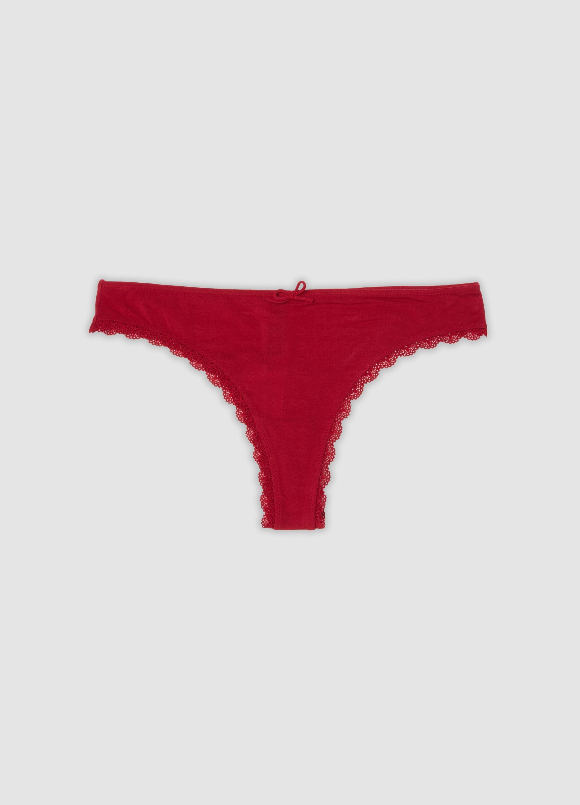 Red organic cotton Brazilian briefs with lace trim