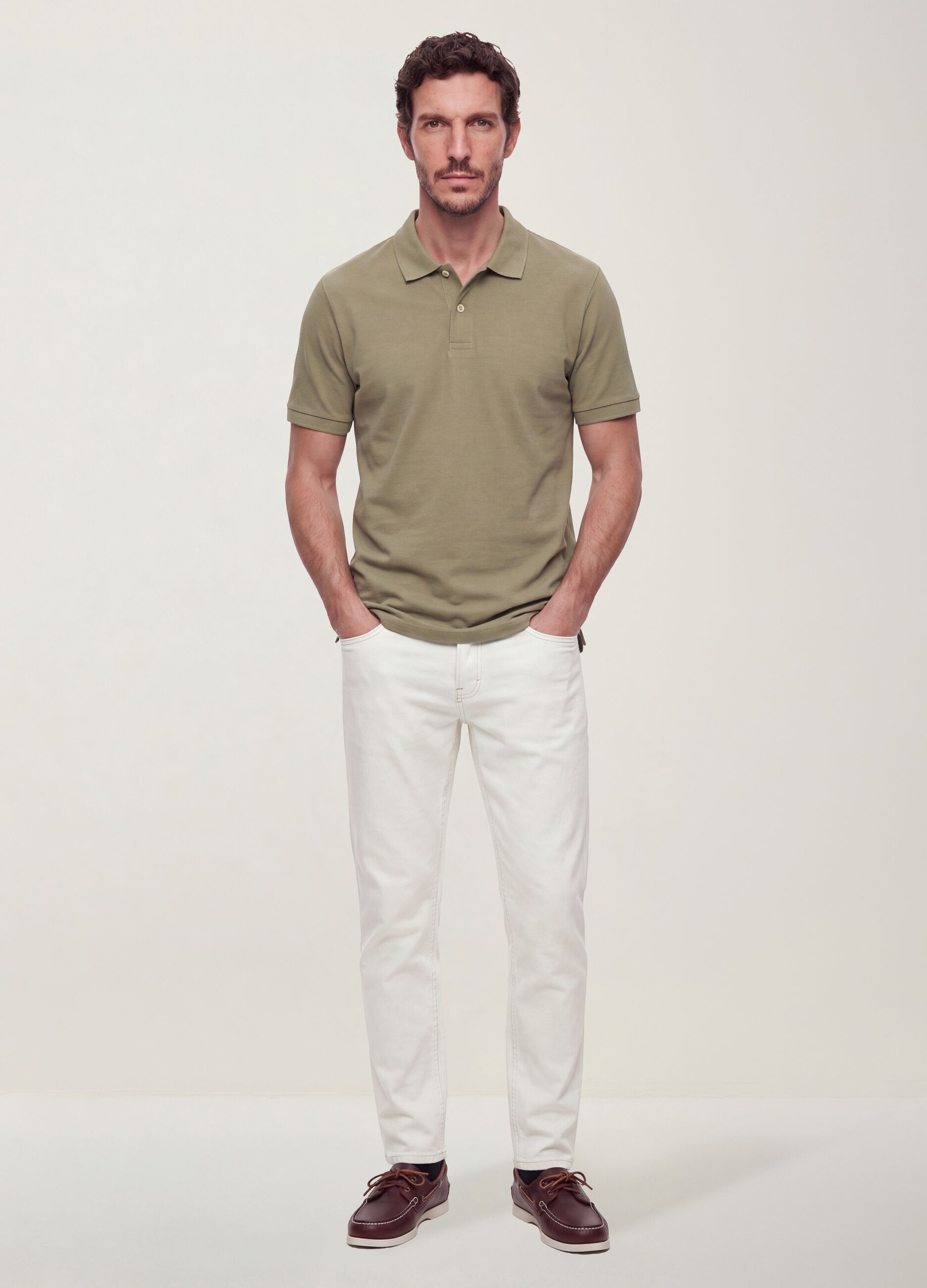 Green pure cotton piqu&eacute; polo shirt with classic collar, regular fit