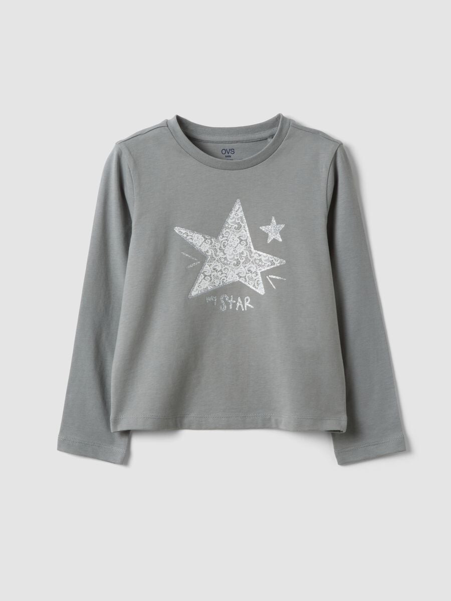 T-shirt grigia in puro cotone organico con stampa frontale per bambina_0