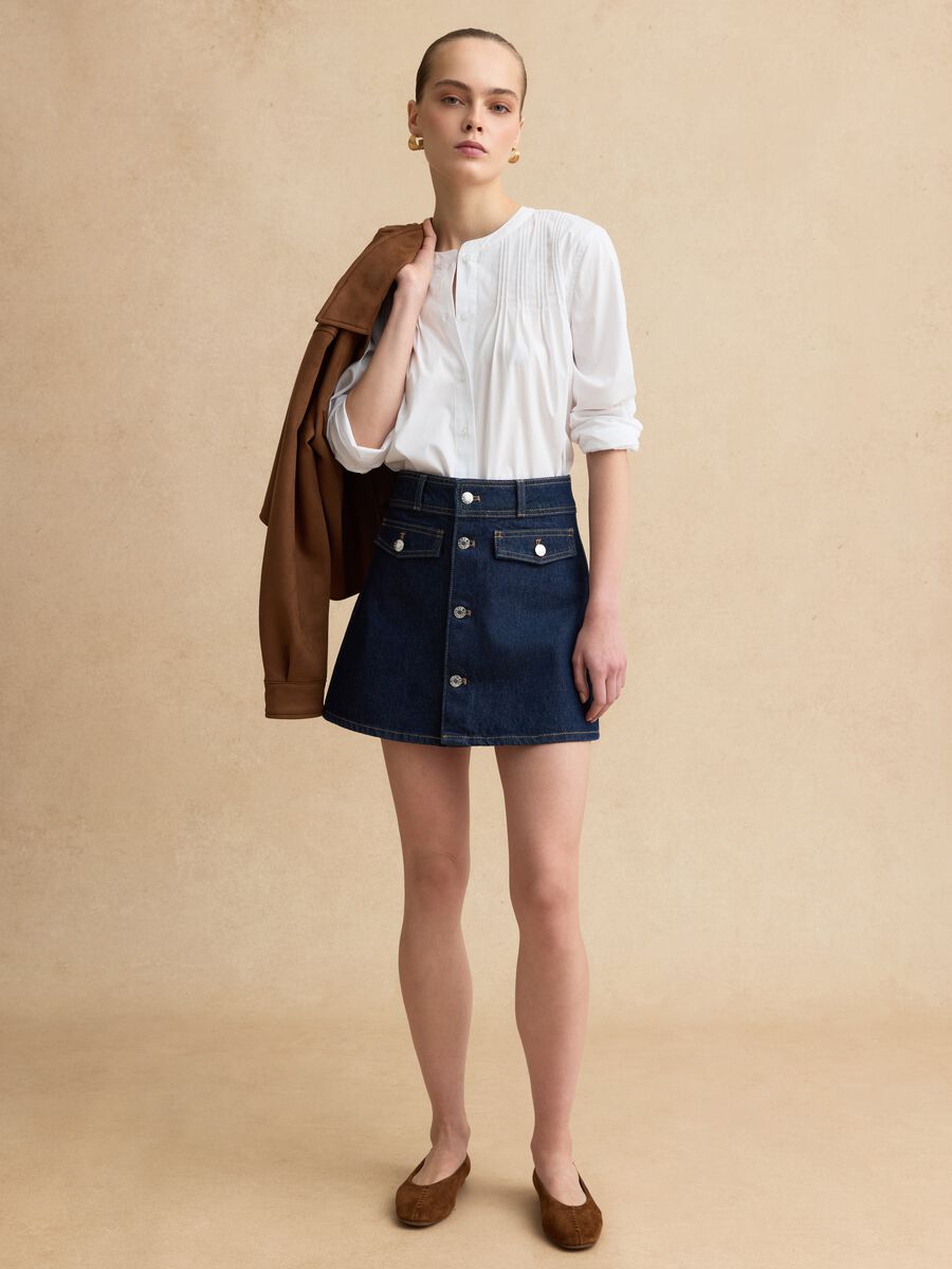 White cotton blend regular fit shirt with mandarin collar_1