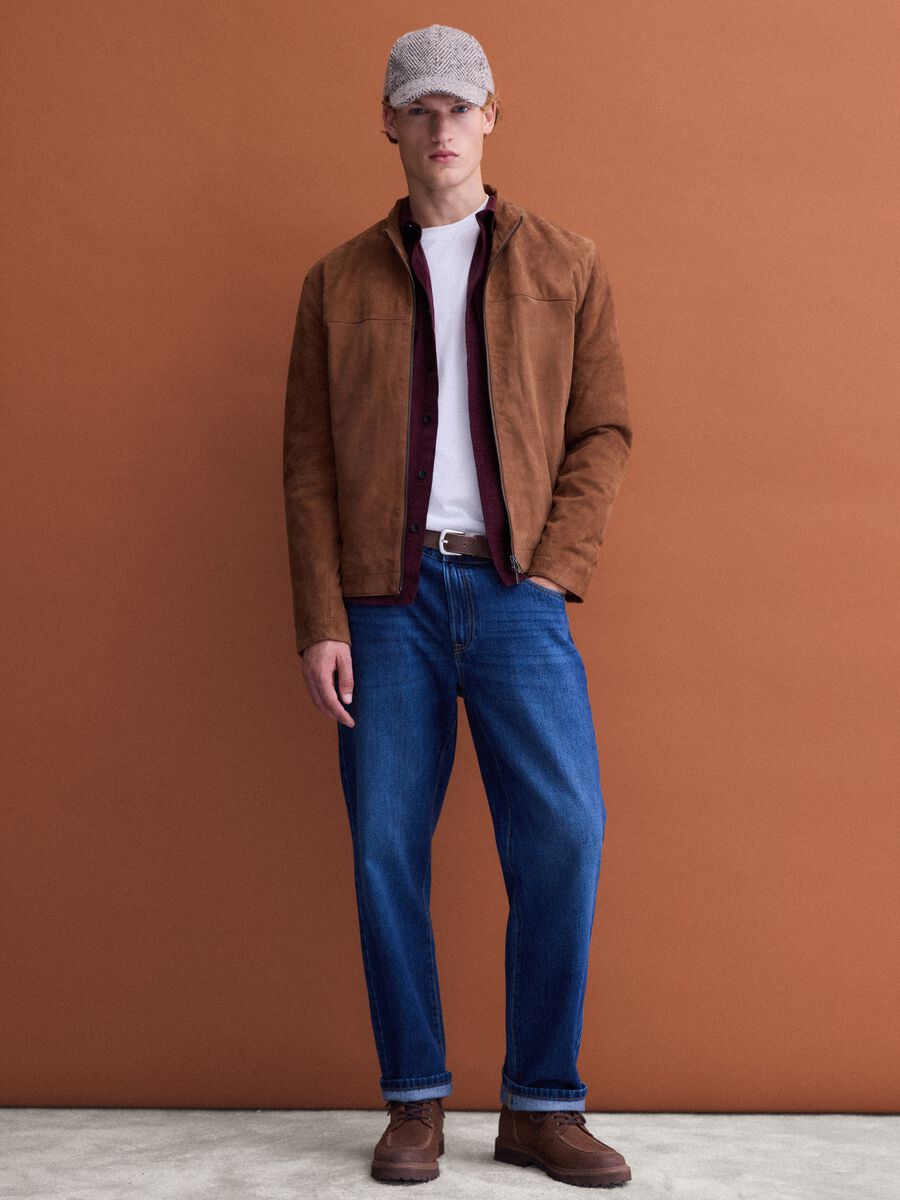 Giacca marrone in vera pelle con zip regular fit_1