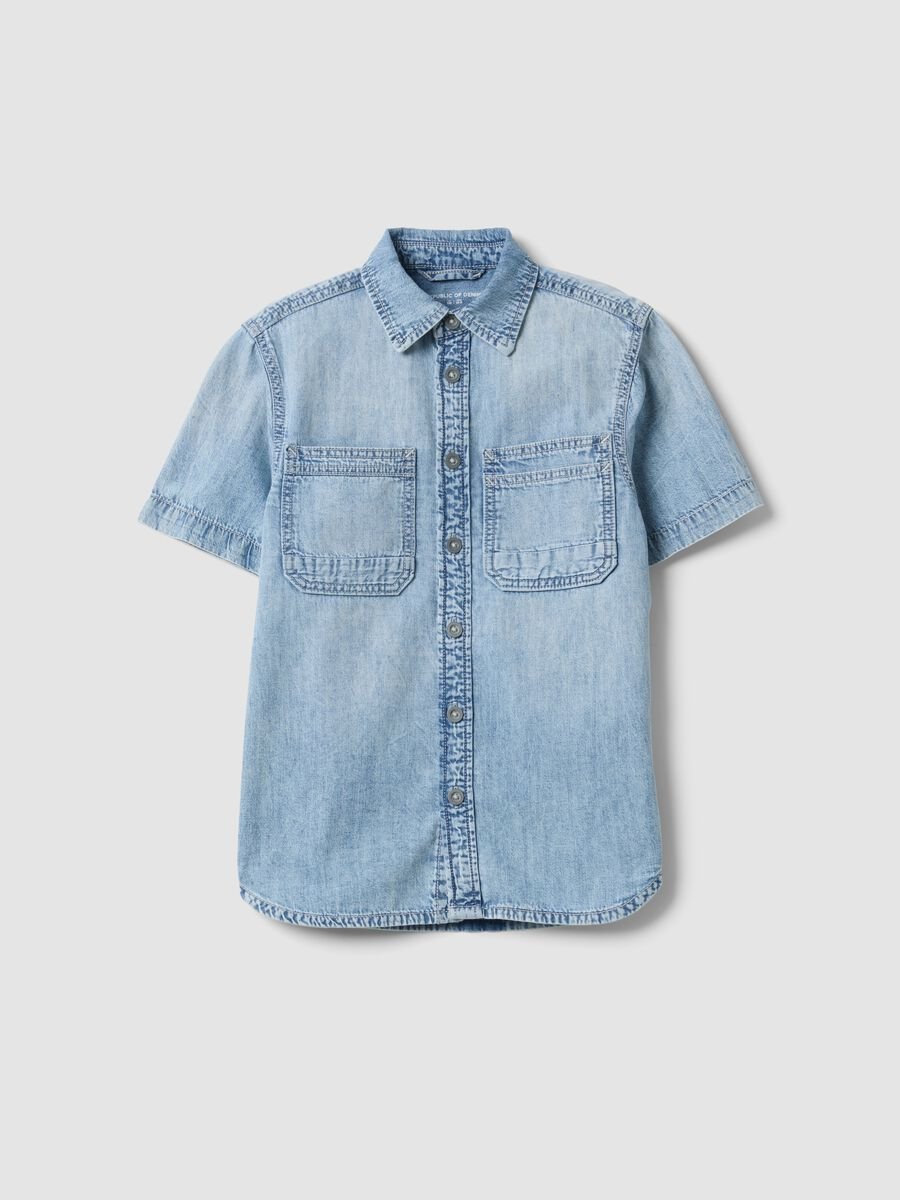 Light blue short-sleeve pure cotton denim shirt_0