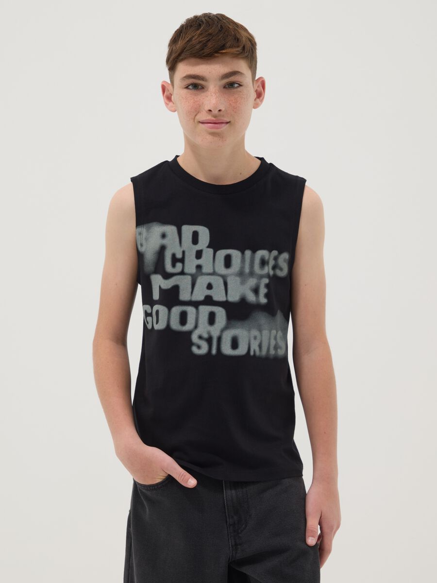 Black slogan vest top in pure cotton, oversized fit_0