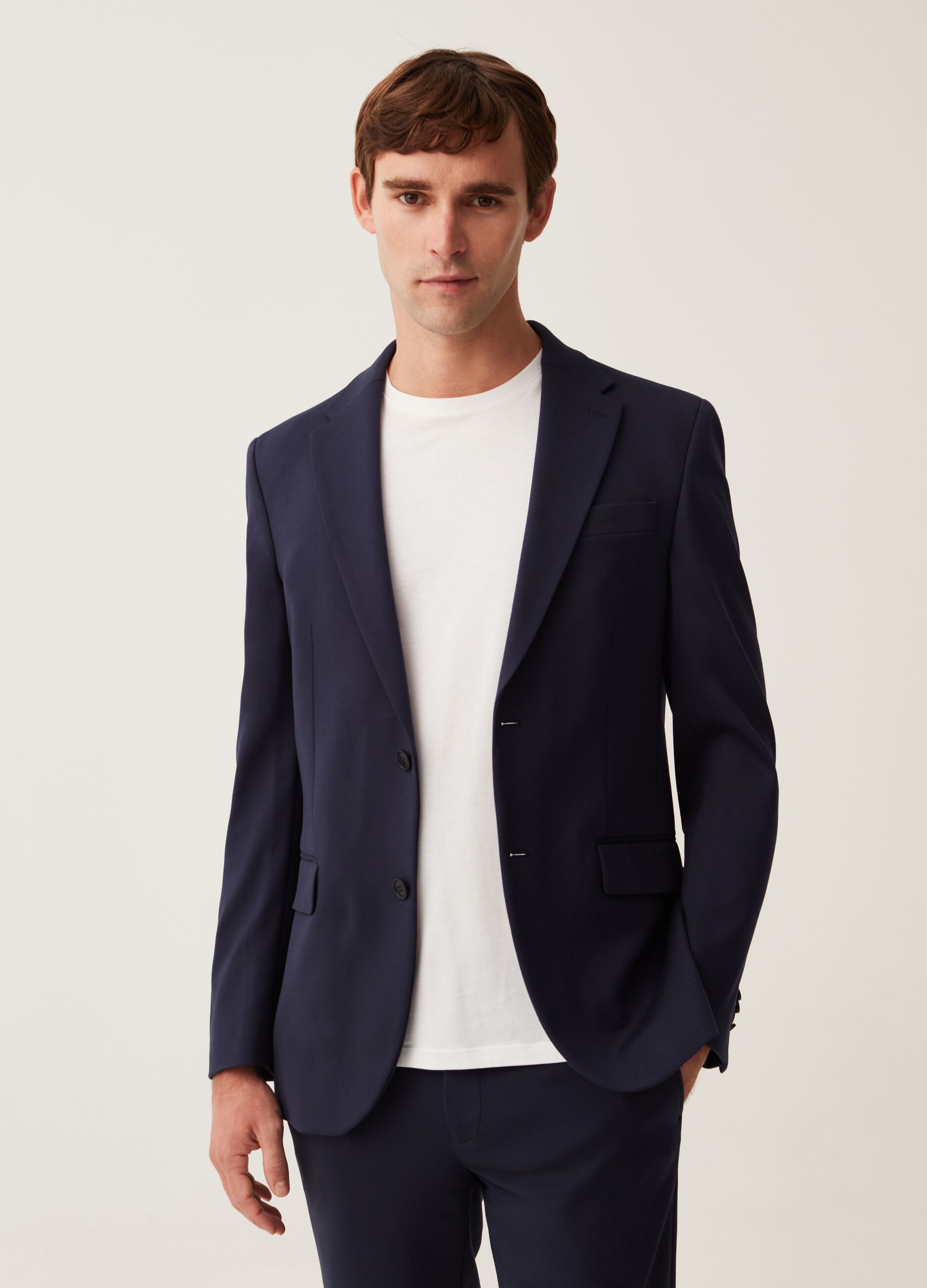 Blazer easy fit in tessuto a maglia blu navy_0