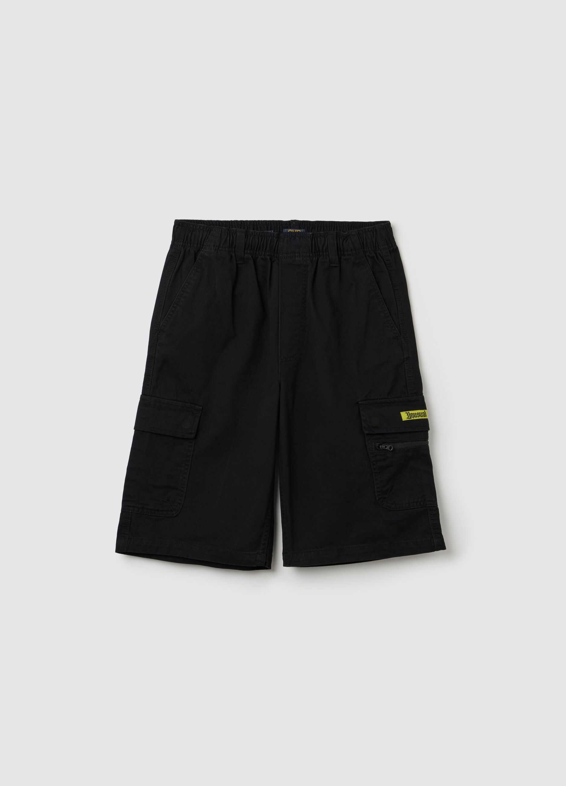 Black cotton denim cargo shorts