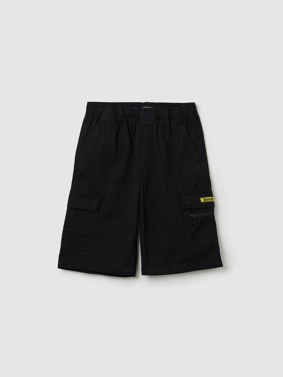 Black cotton denim cargo shorts_0