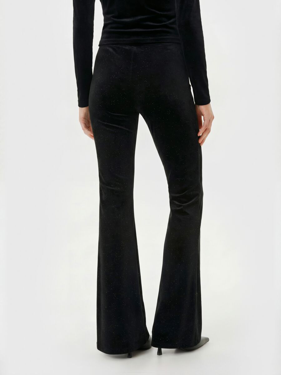 Black stretch fabric flare trousers with glitter_2