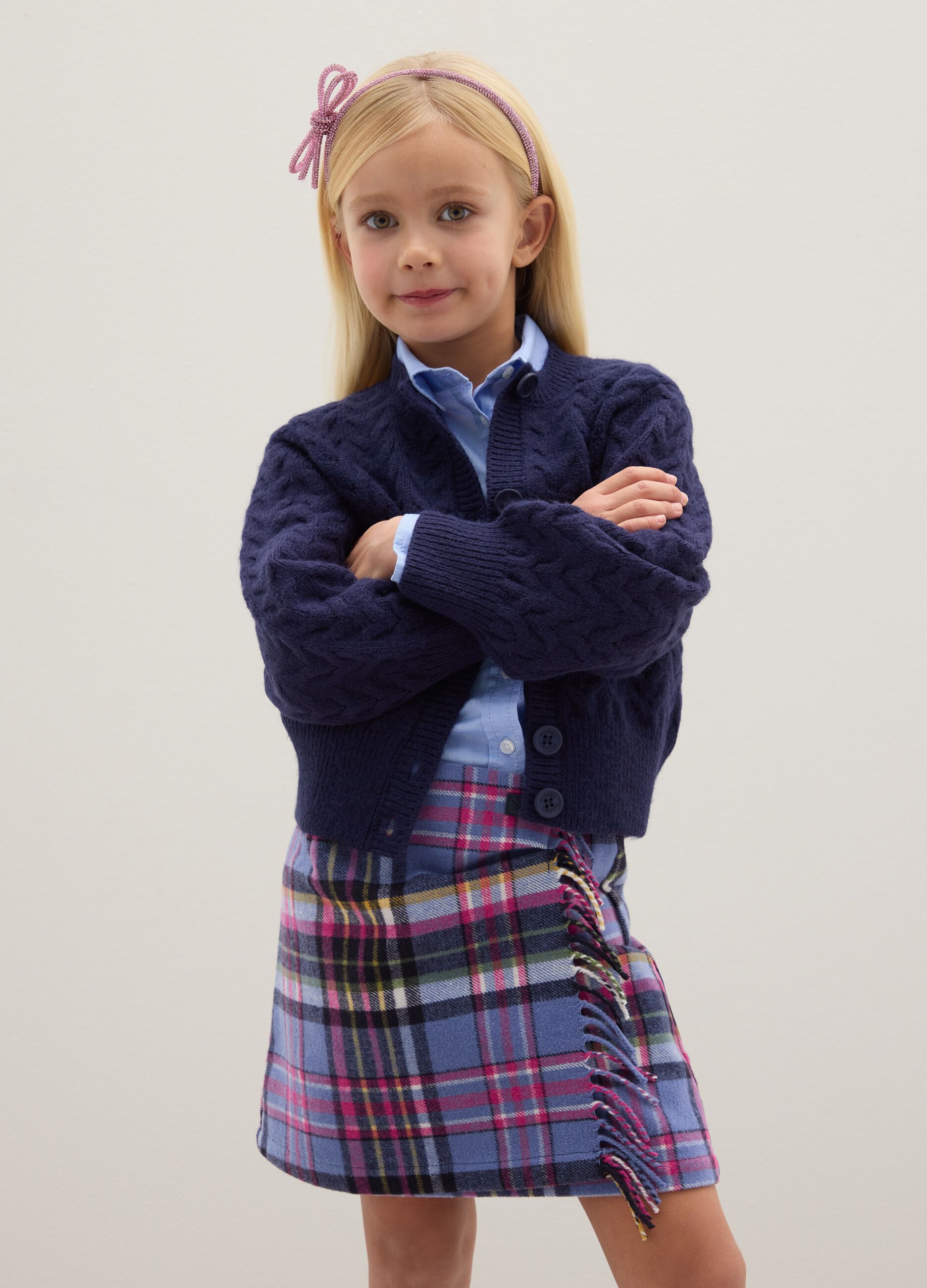 Blue regular fit girl's cardigan with knit pattern