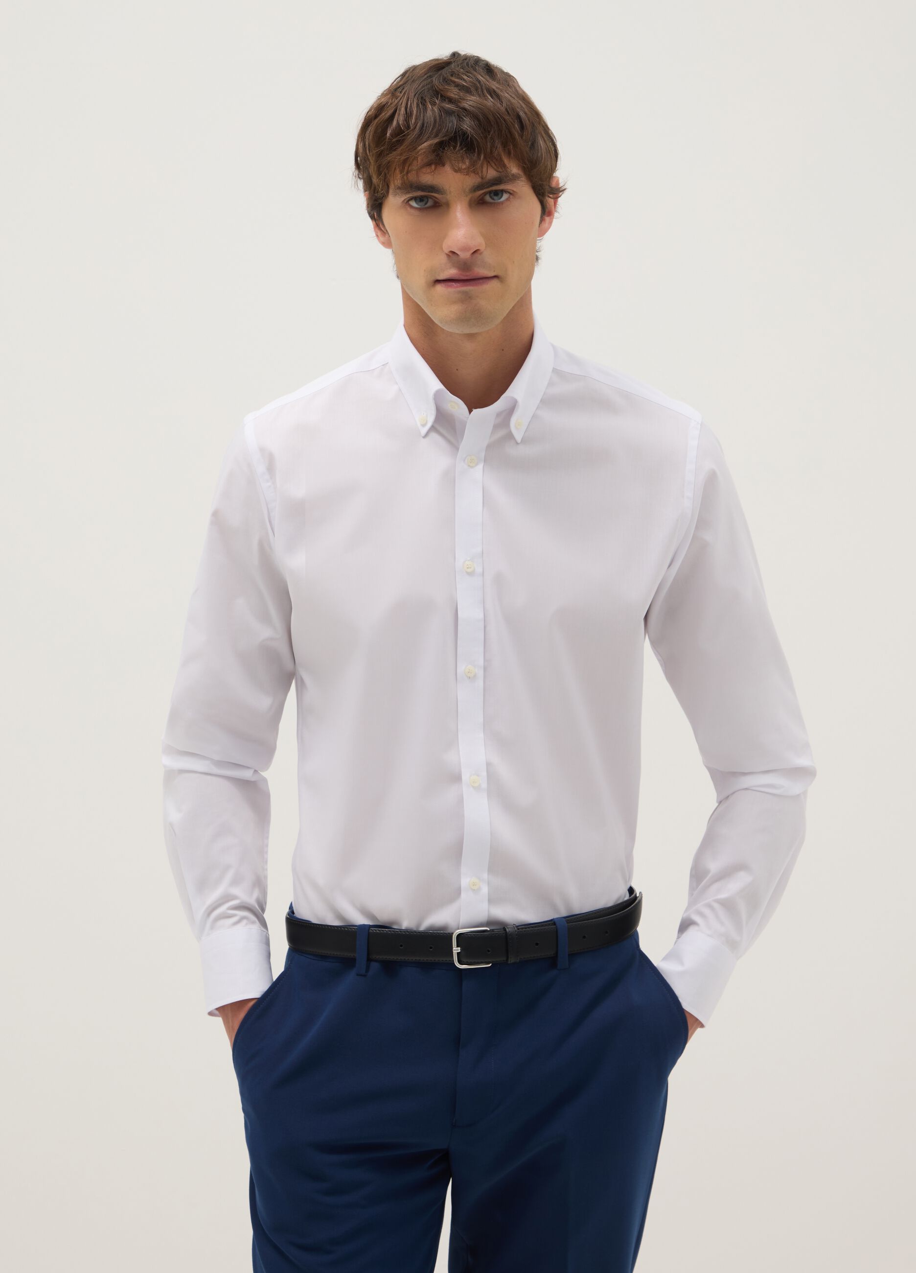 White cotton blend slim fit shirt