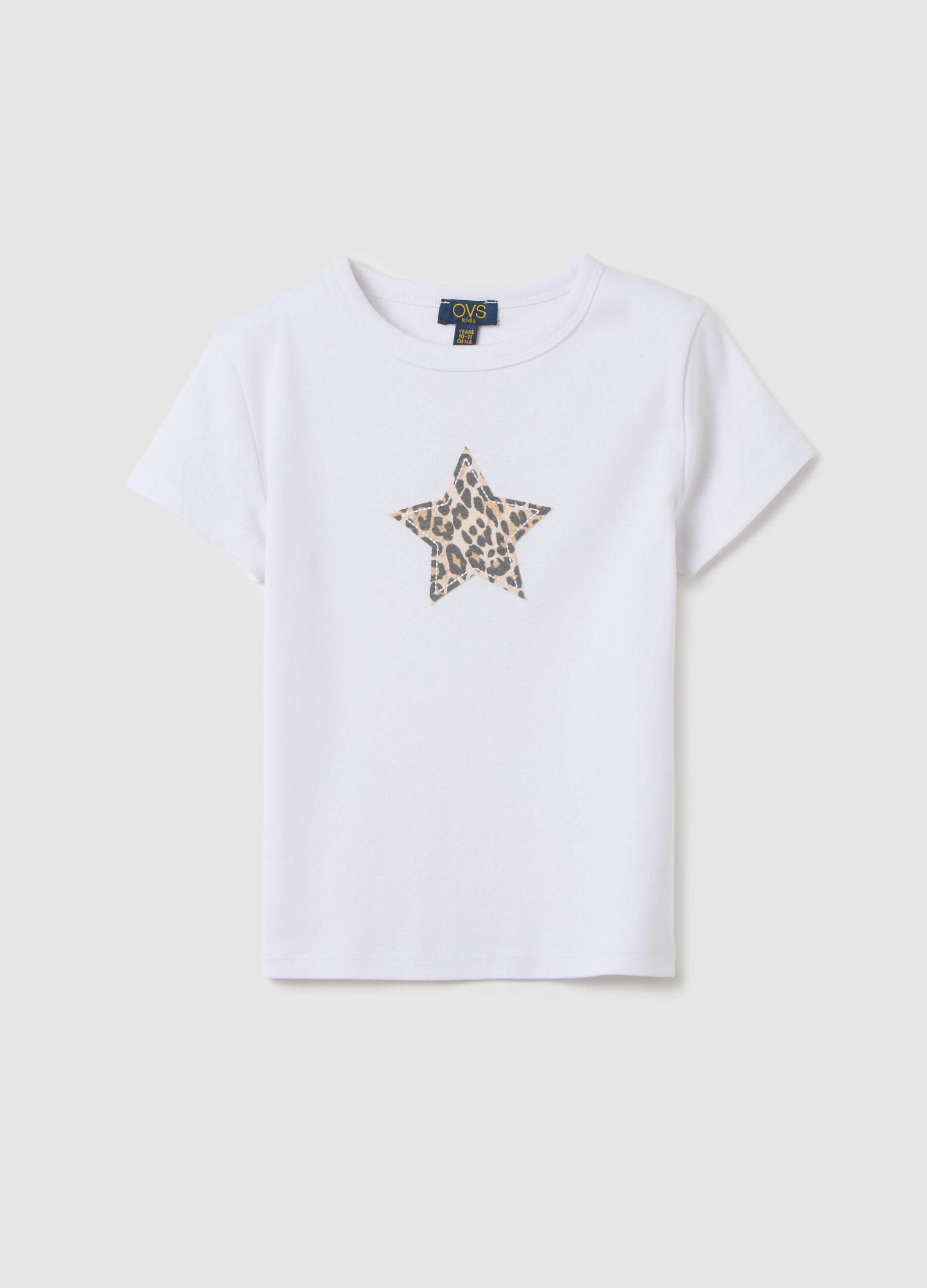 Girls' white cotton slim fit T-shirt with leopard print