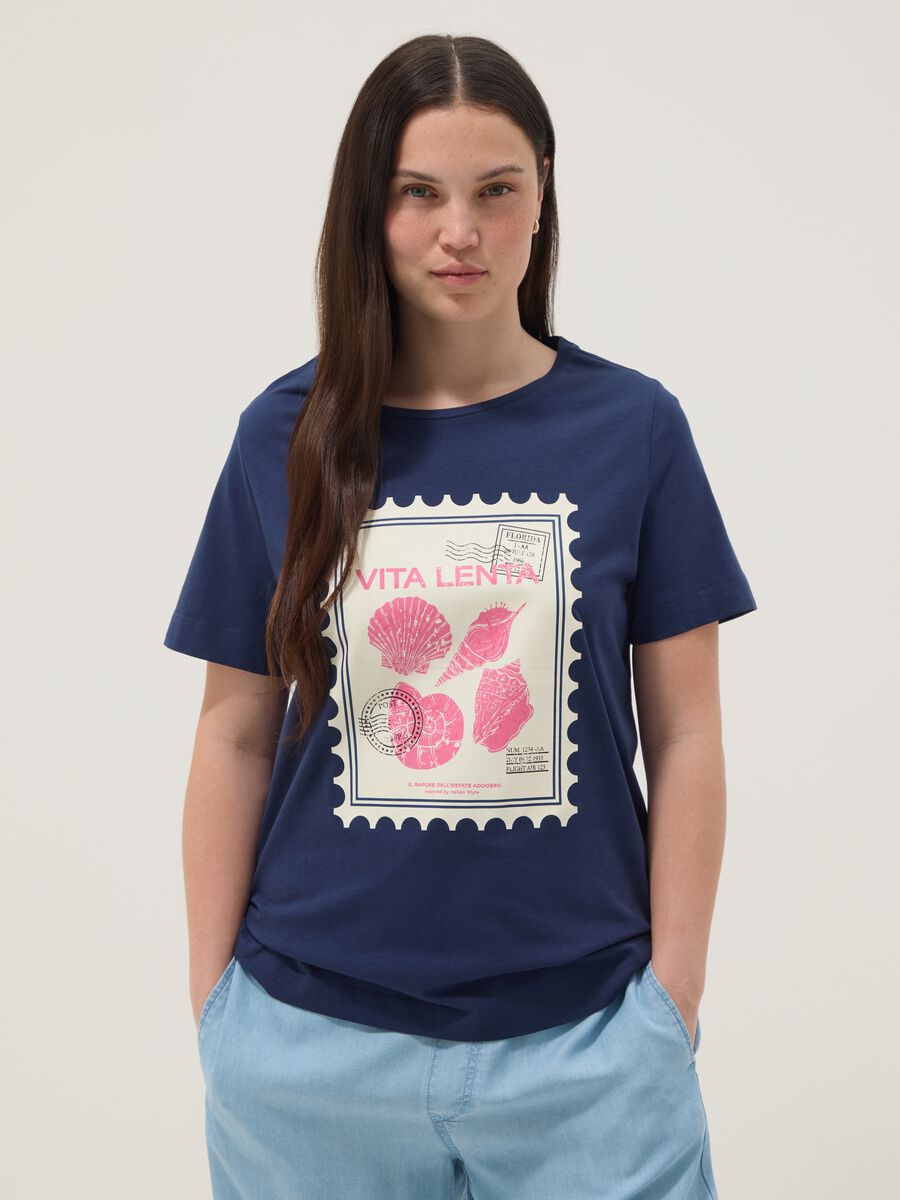 Blue pure cotton T-shirt with print, regular fit_1