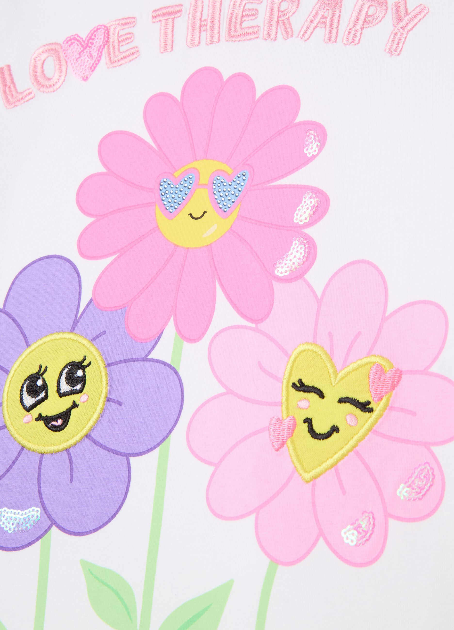 T-shirt with flowers print and lettering embroidery