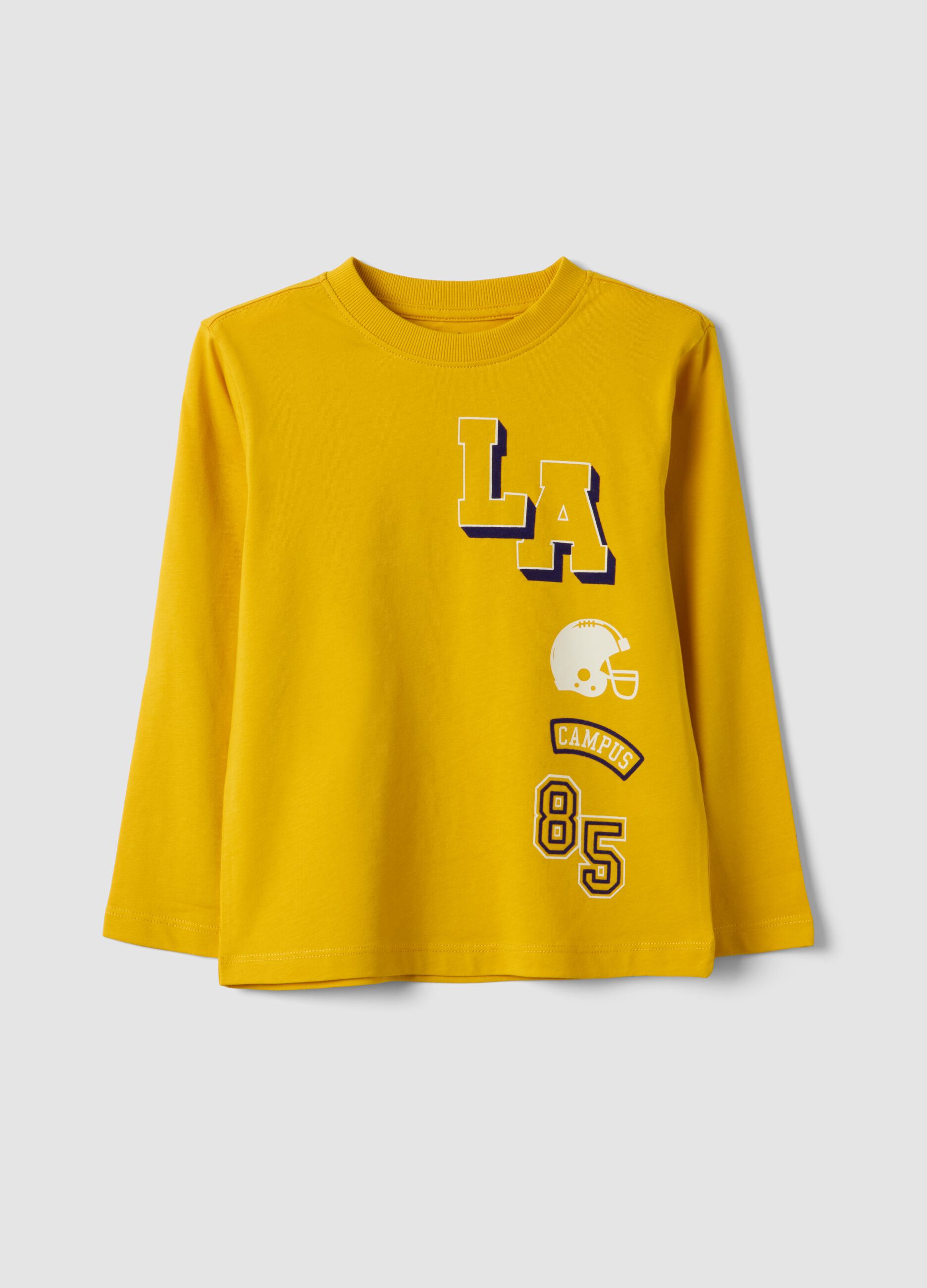 Yellow cotton and viscose blend T-shirt with college print for boys