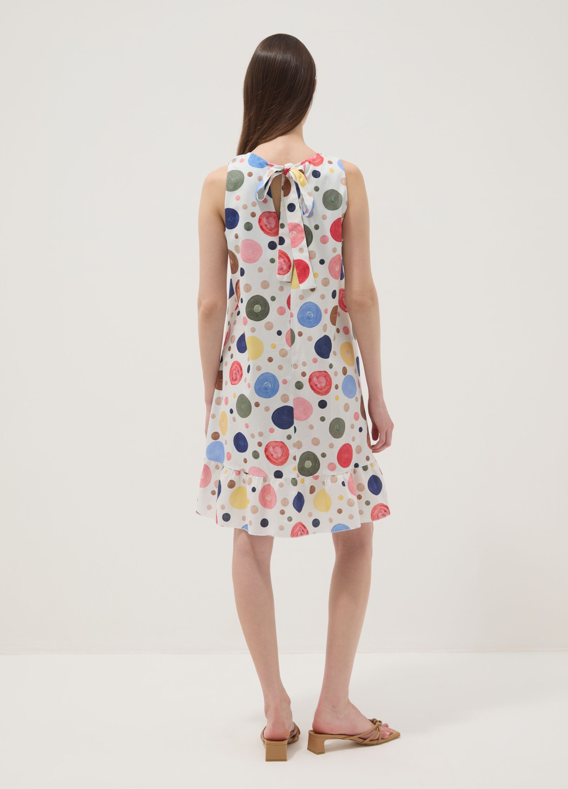 Sleeveless multicolour stretch-cotton dress with ruffle hem