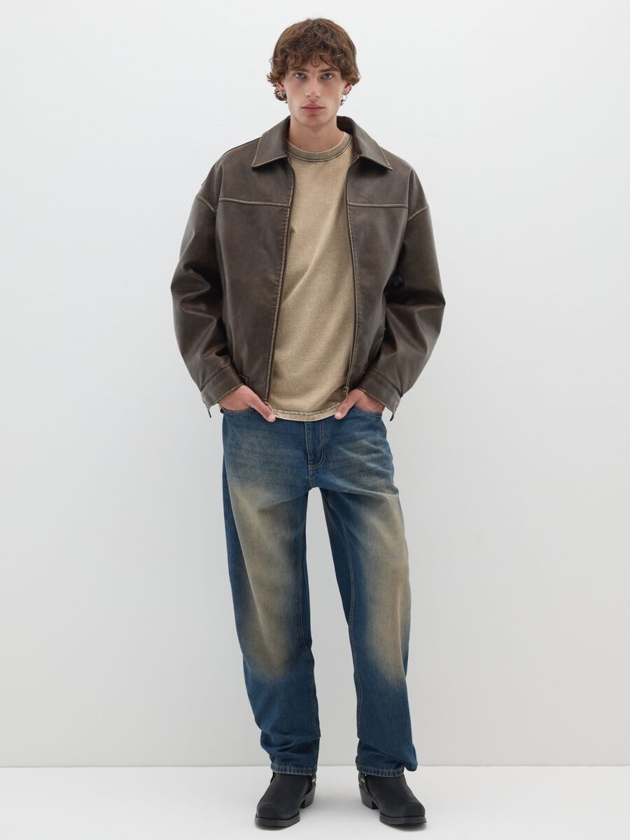 Brown Faux Leather Bomber Jacket_1