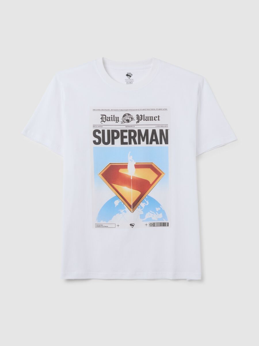 Men's white pure cotton T-shirt with Superman logo_0