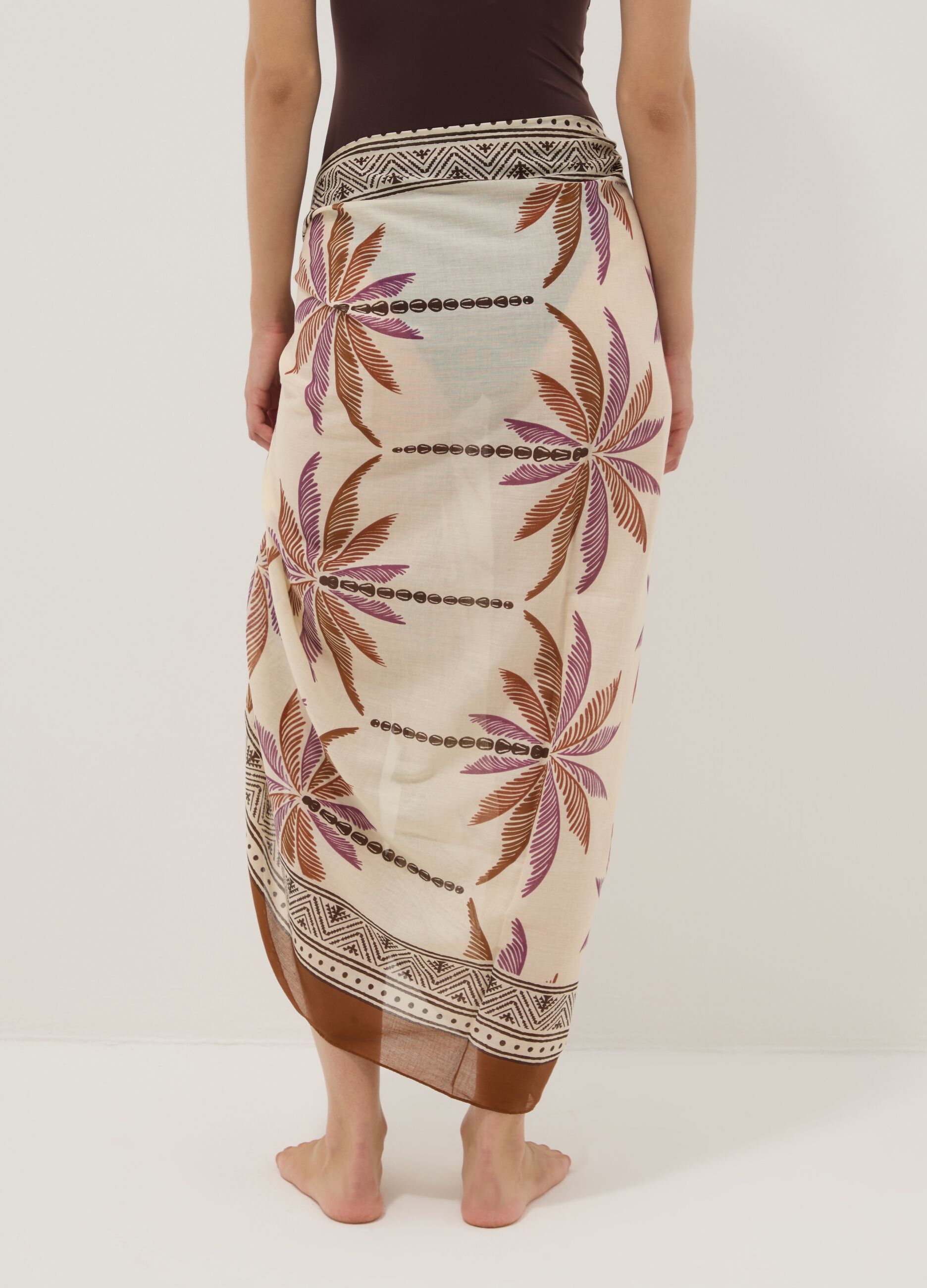 Brown pure cotton pareo with tropical print