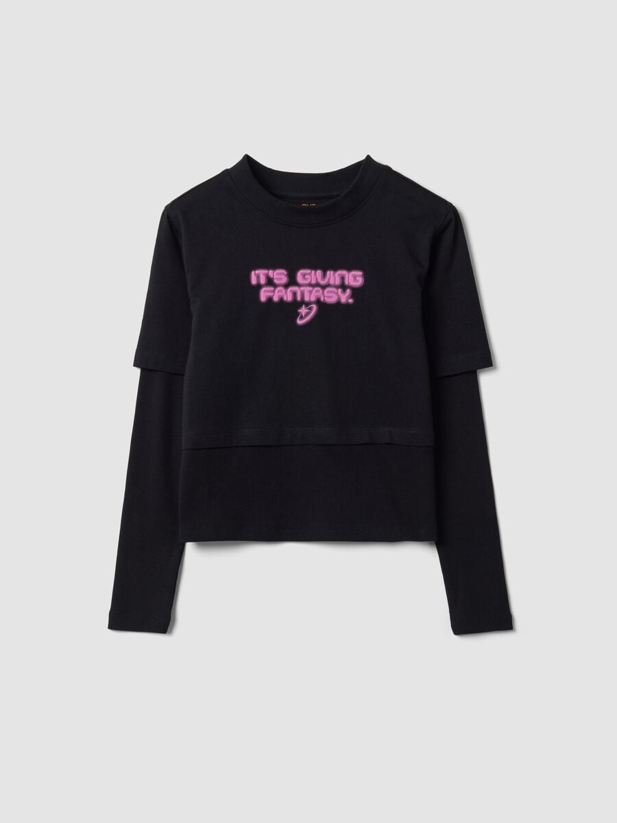 T-shirt nera in puro cotone con collo a costine e stampa boxy fit_0
