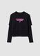 T-shirt nera in puro cotone con collo a costine e stampa boxy fit_0