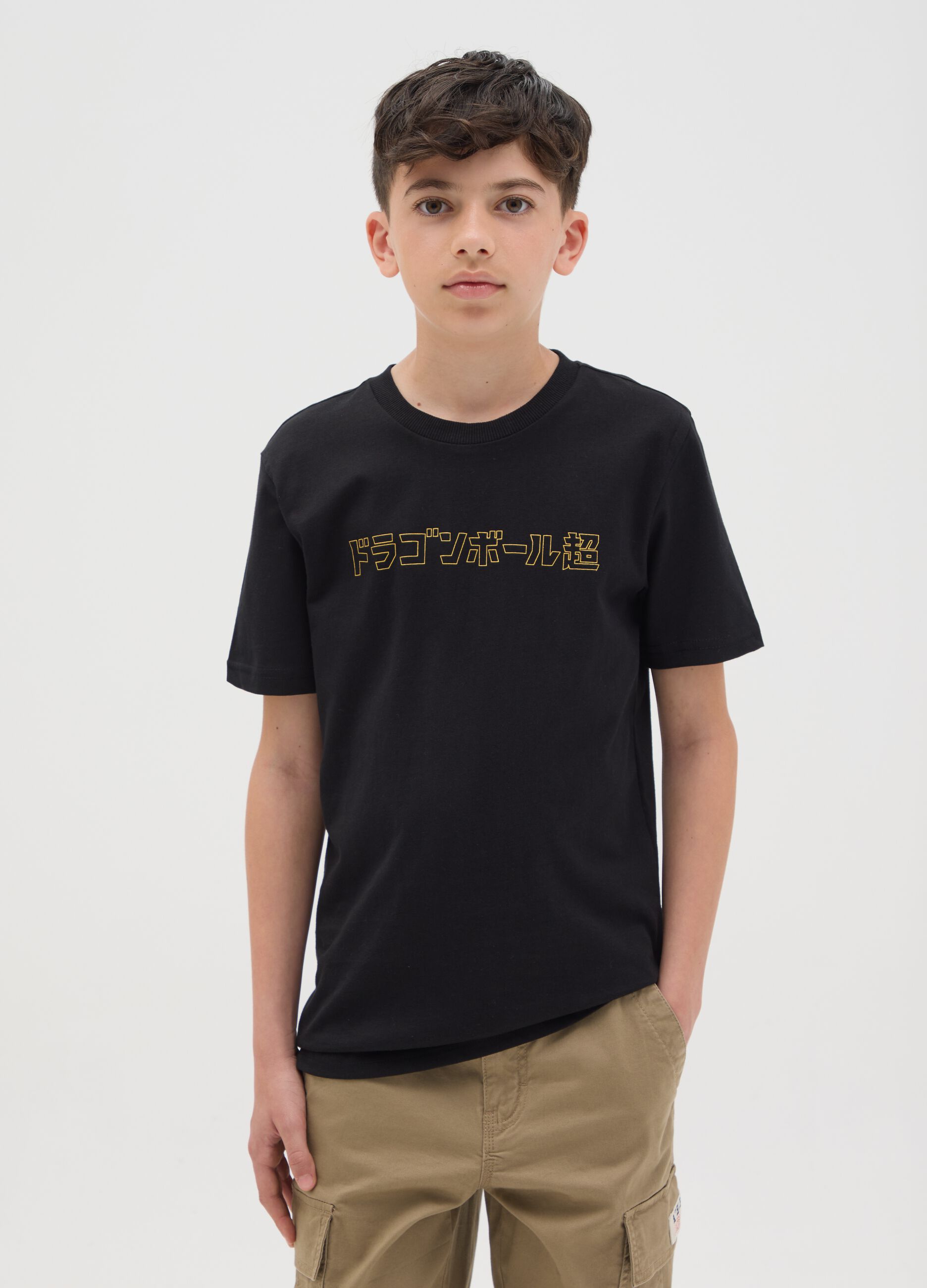Boys’ T-shirt in black 100% cotton with over-sized fit and golden dragon