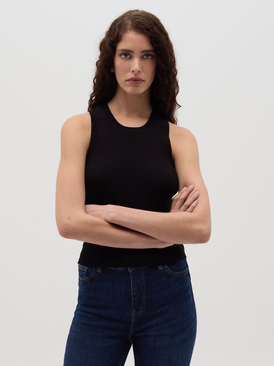 Ribbed tank top with halter neck_0