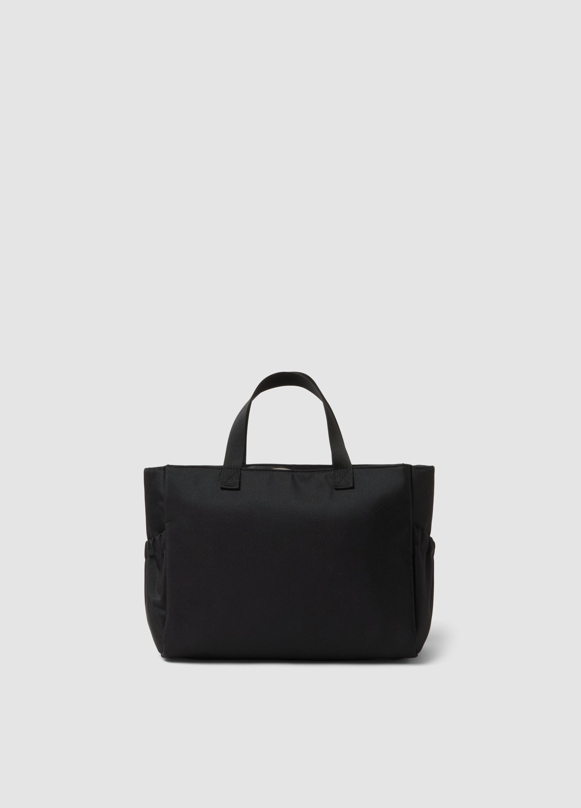 Black handbag with external pockets and double handles