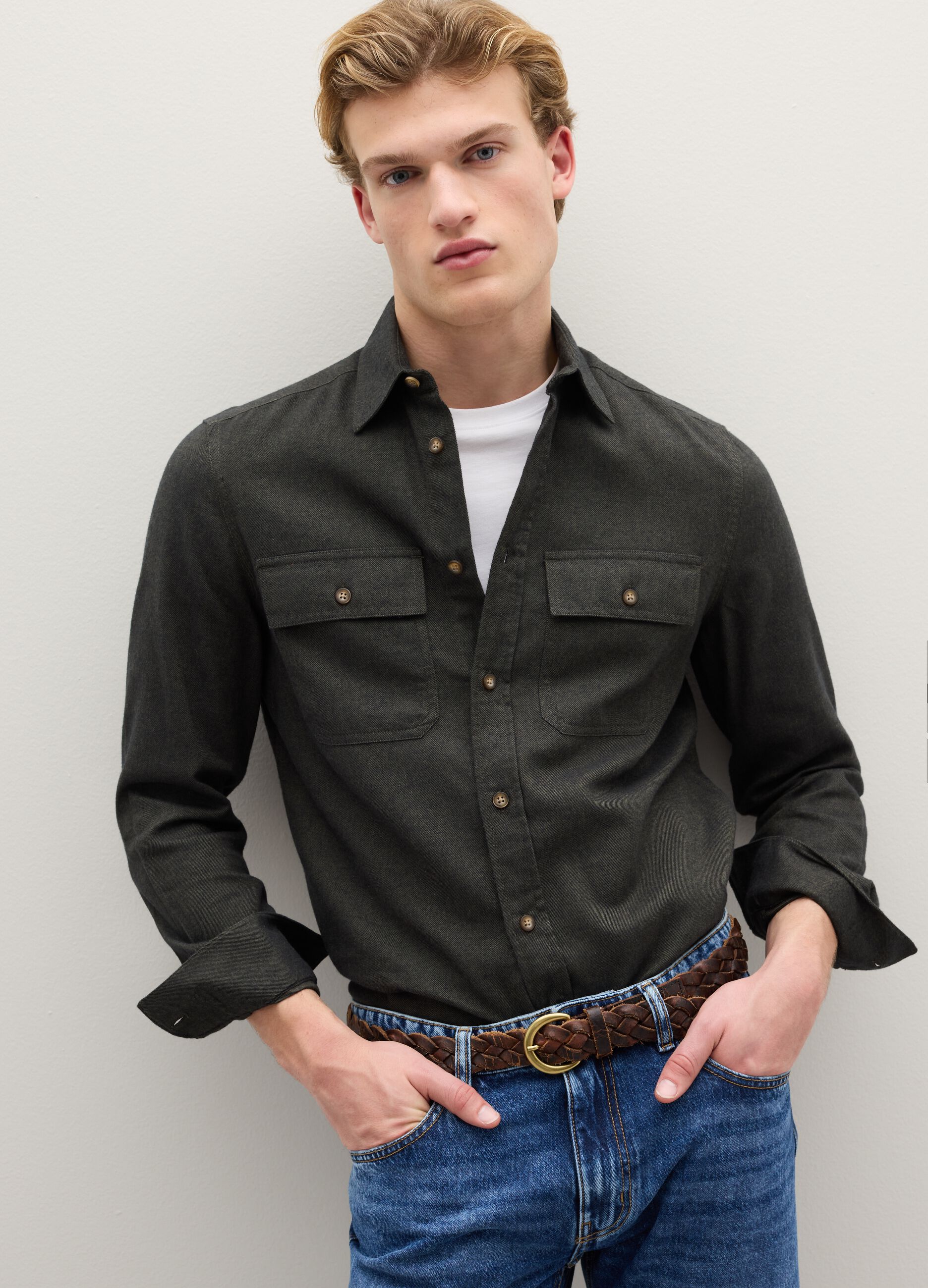 Black pure cotton regular fit shirt with pockets