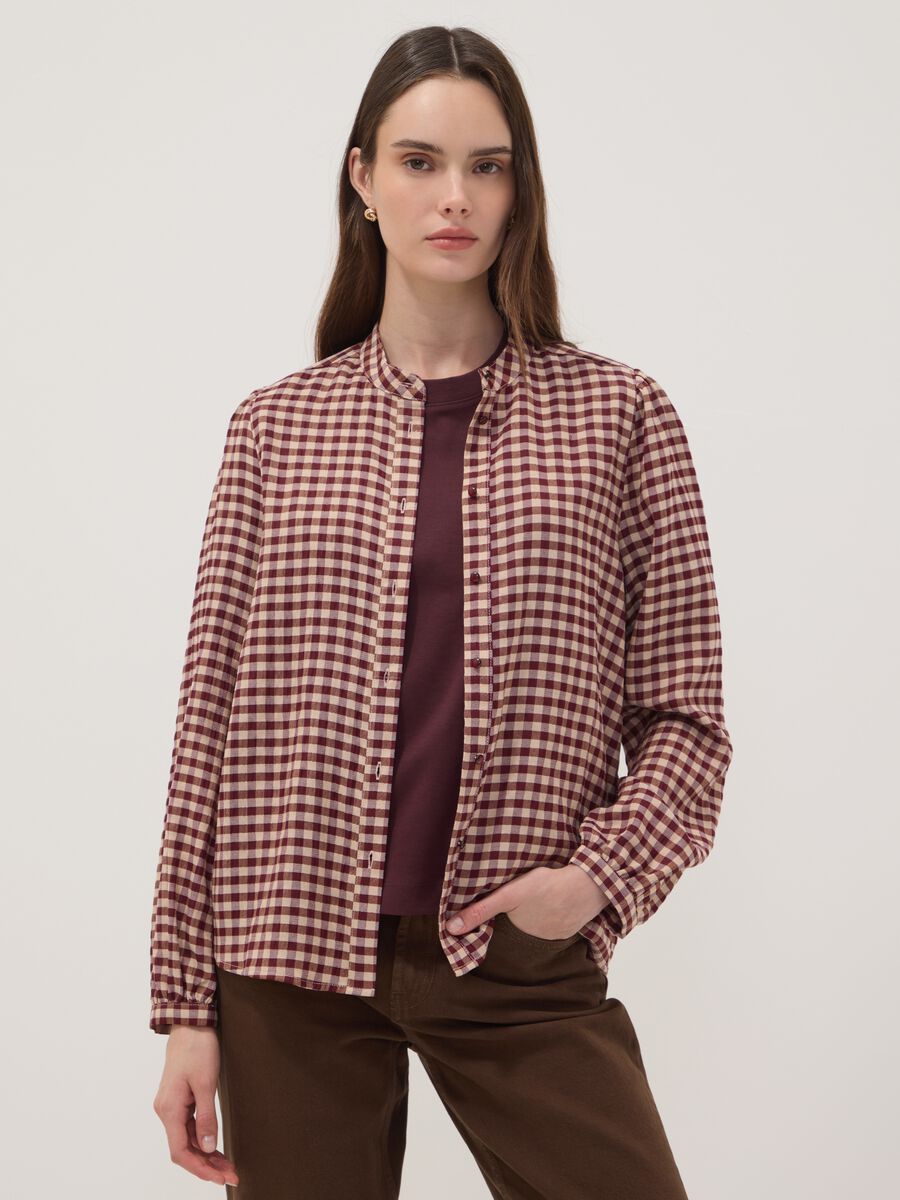 White checked stretch viscose shirt with mandarin collar_0