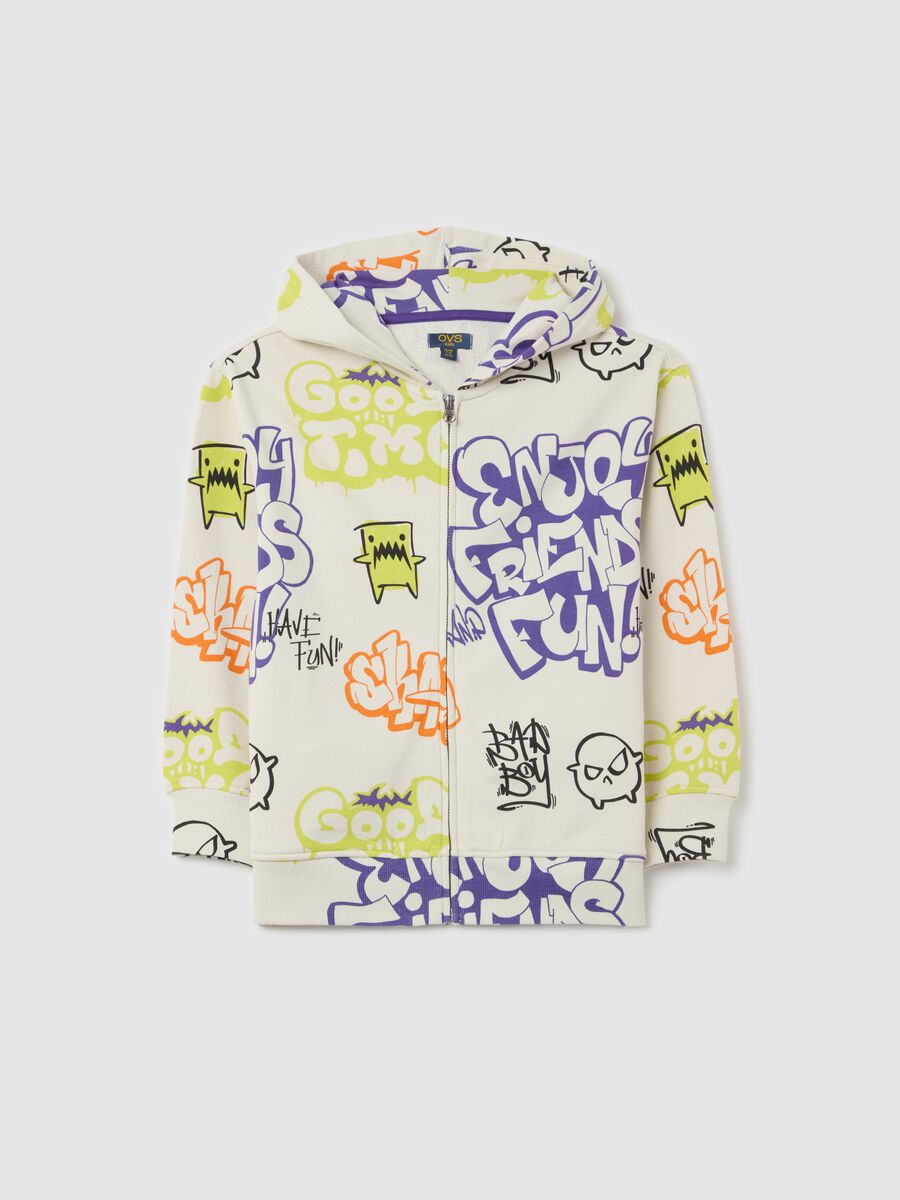 Full-zip sweatshirt with hood and graffiti-style monsters print_0