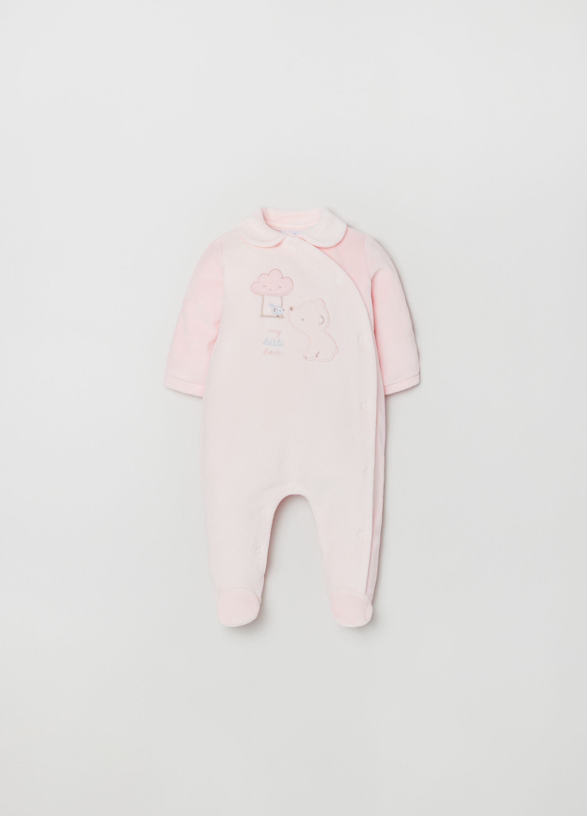 Tutina in velour con piedini e ricamo