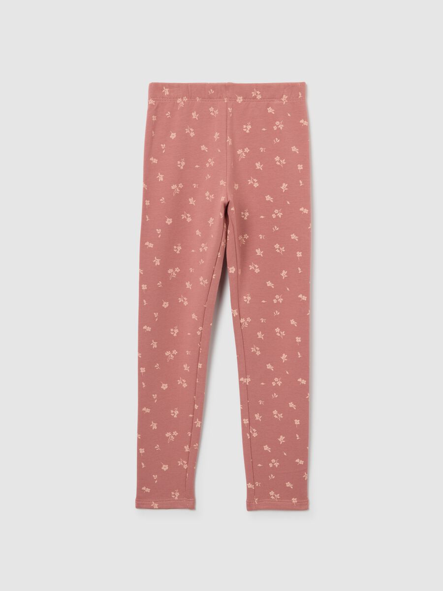 Leggings skinny da bambina in cotone rosa con stampe floreali_0