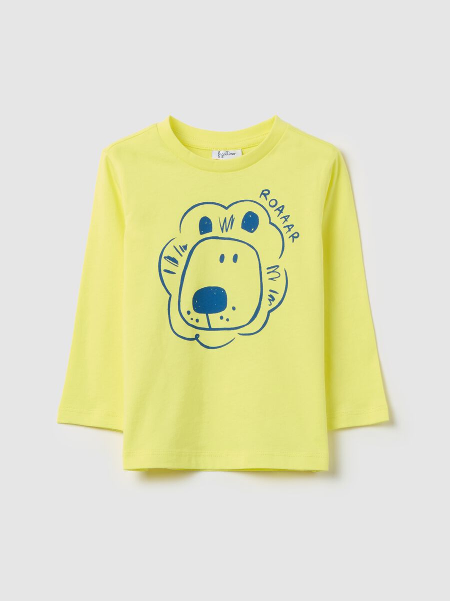 T-shirt maniche lunghe in cotone stampa leone _0