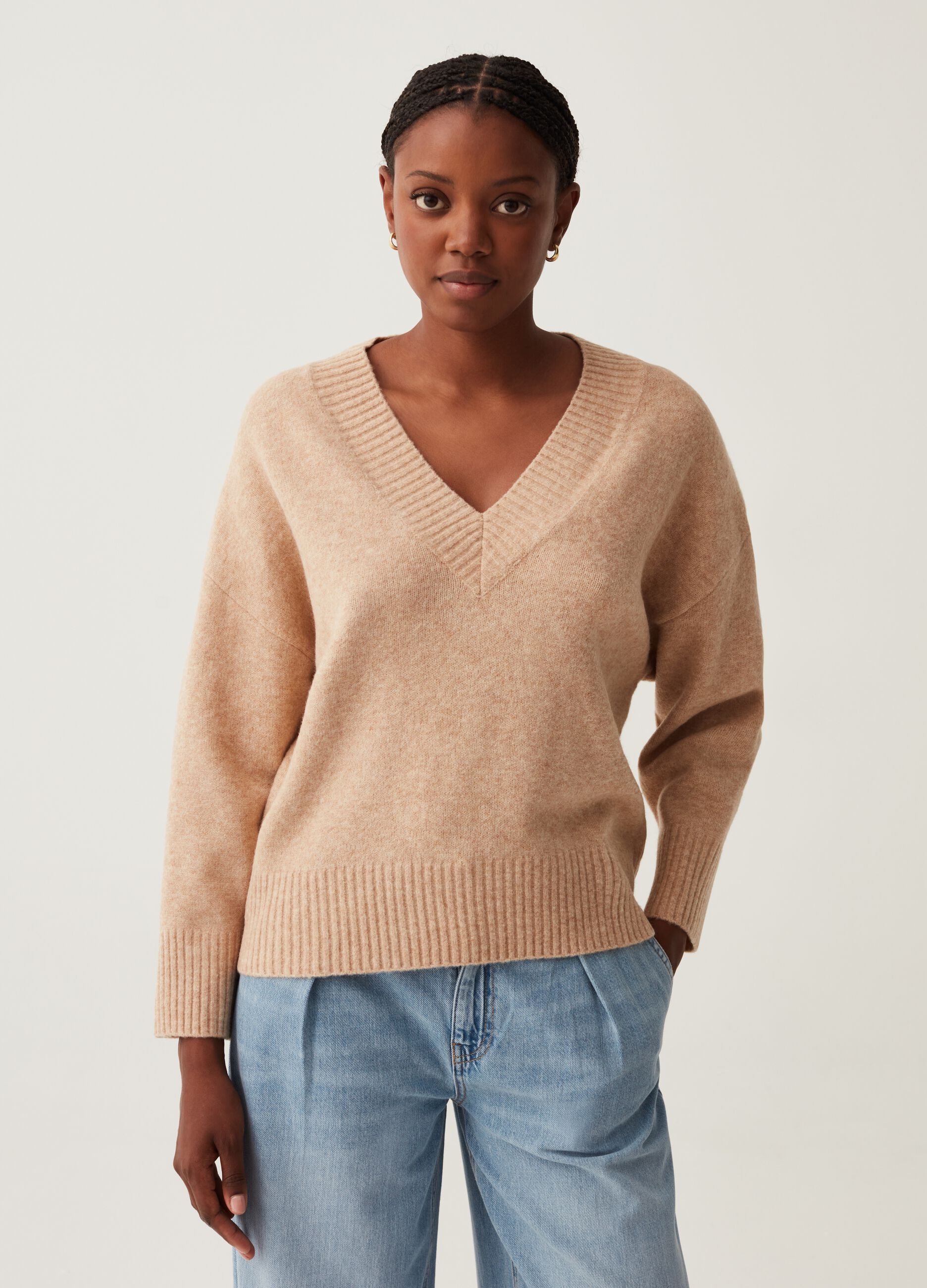 Pullover oversize con scollo a V Beige melange da Donna OVS