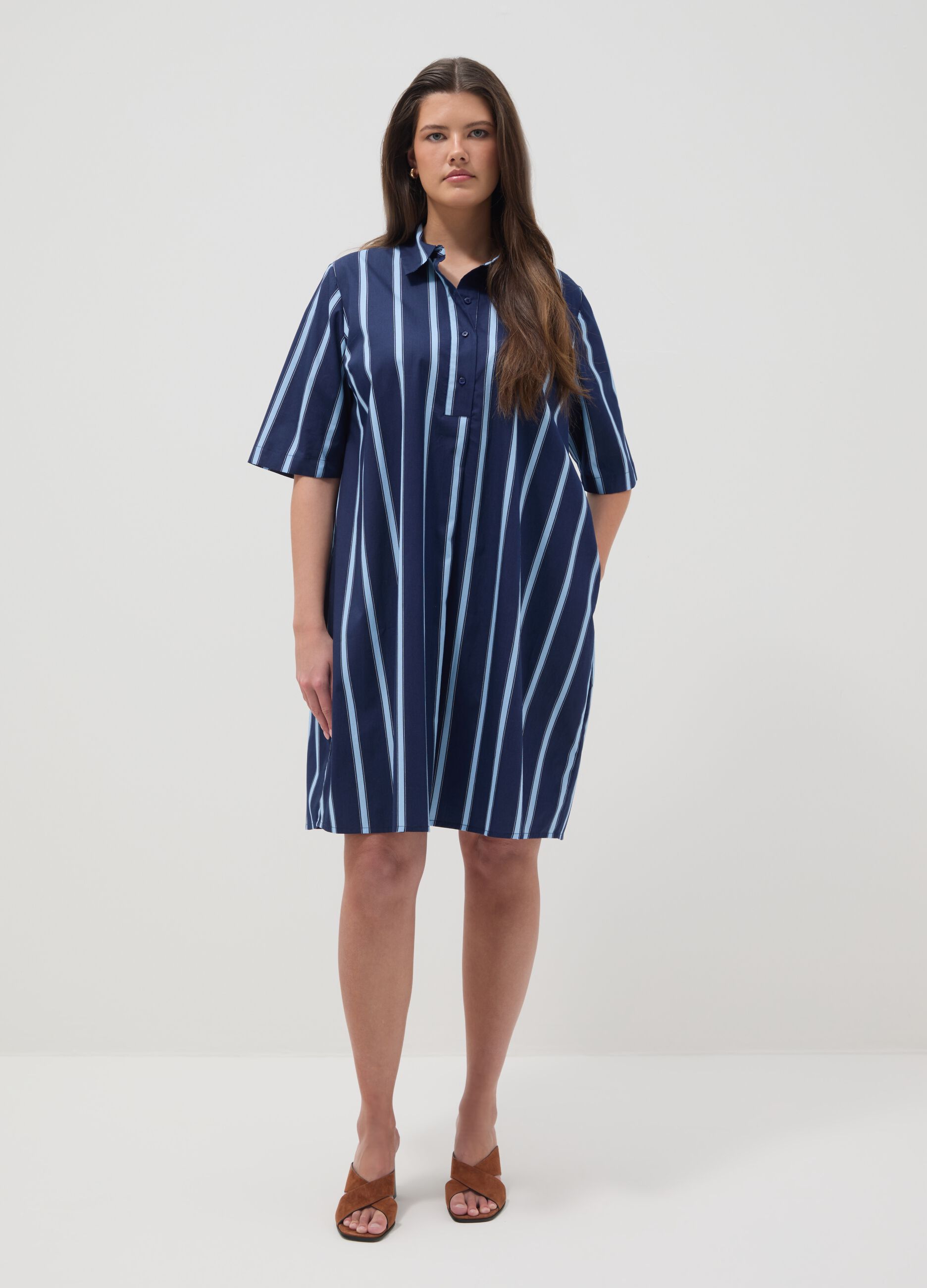 Blue striped pure cotton shirt dress
