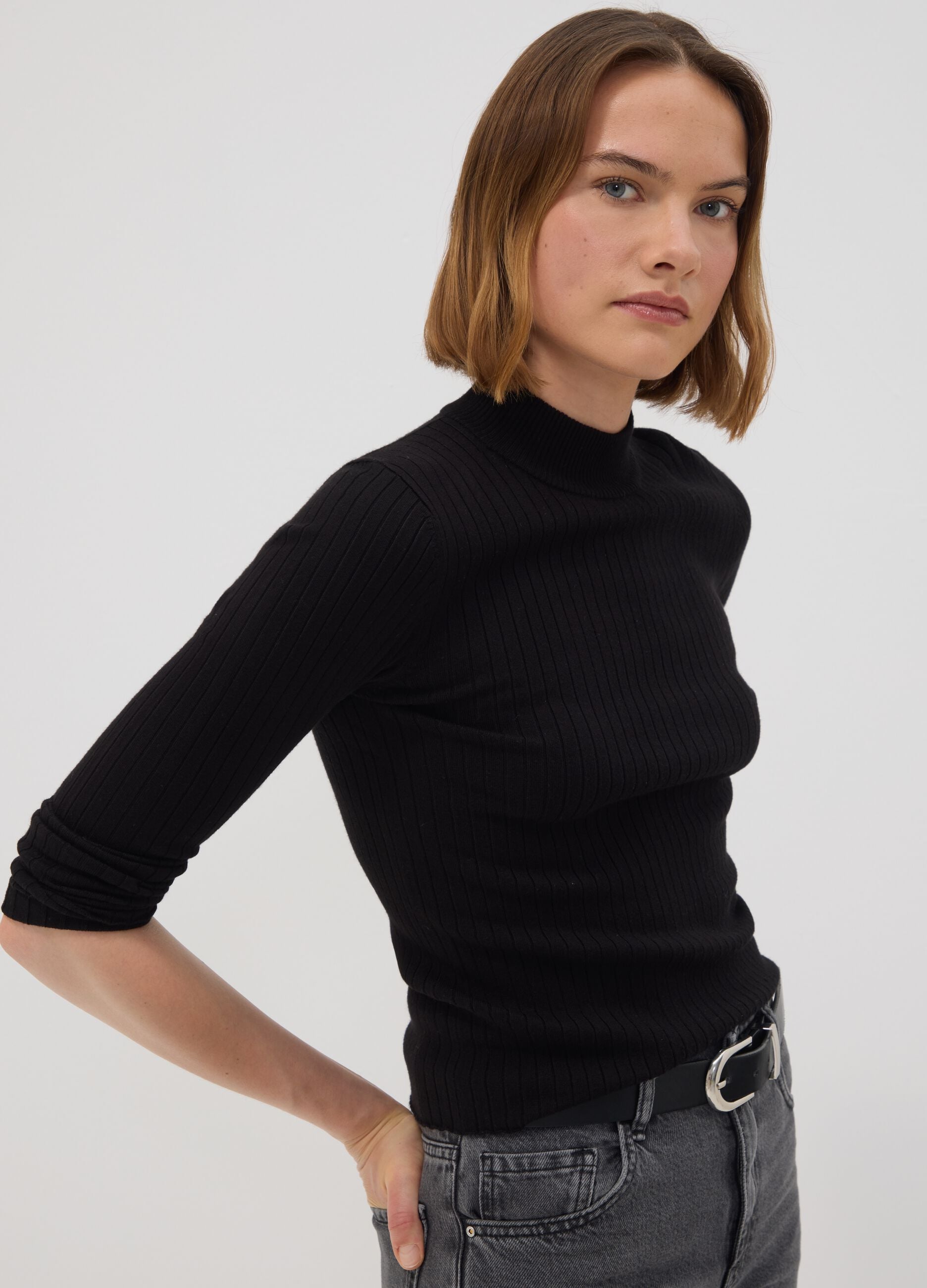 Black ribbed viscose-blend fitted top with high neck