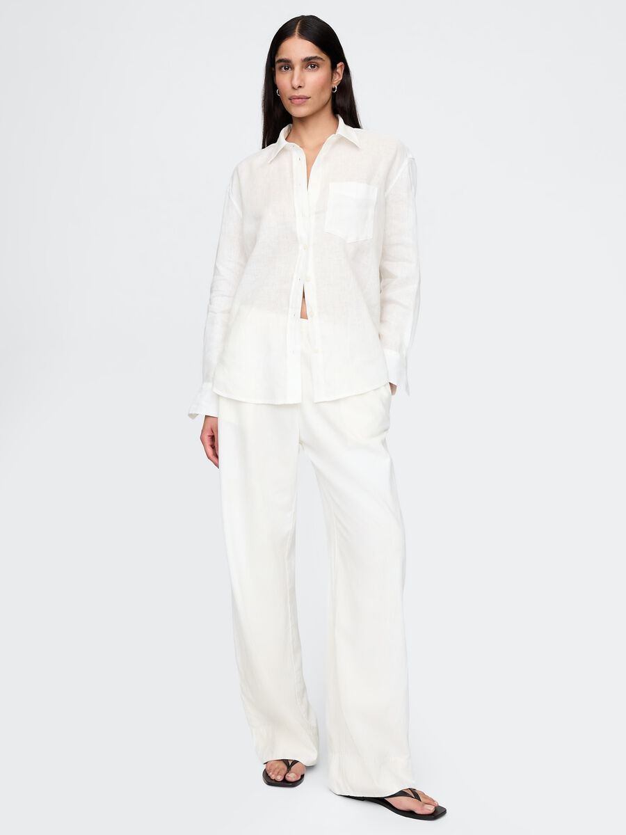 Wide White Linen and Viscose Trousers_0