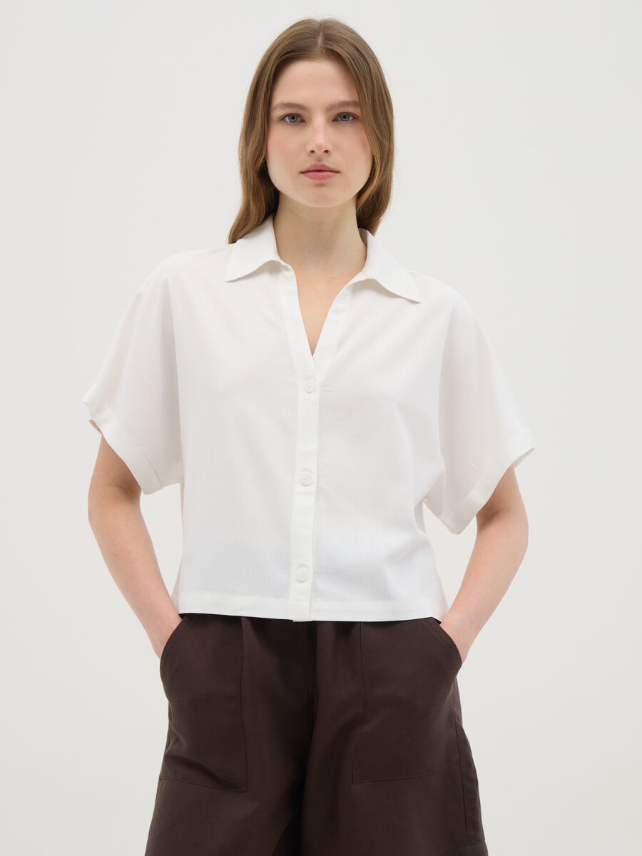 Women's white viscose and linen blend shirt regular fit_0