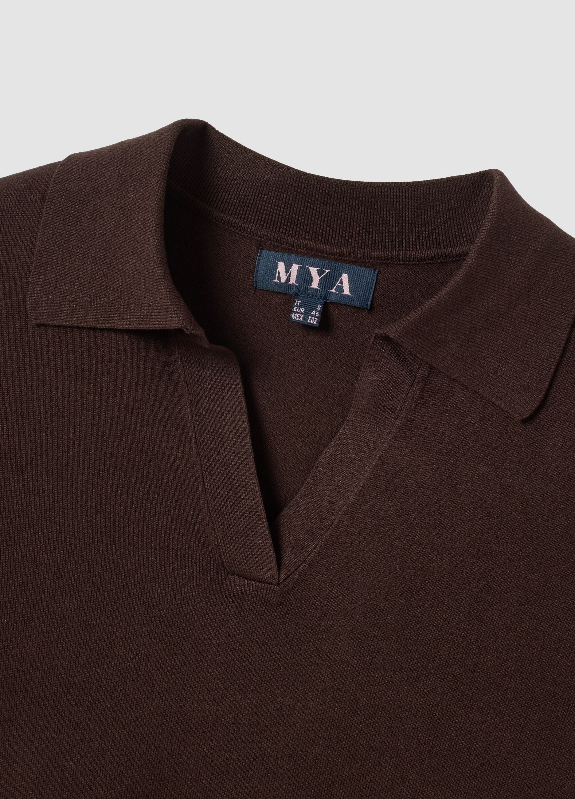 Brown viscose-blend polo-collar jumper with relaxed fit